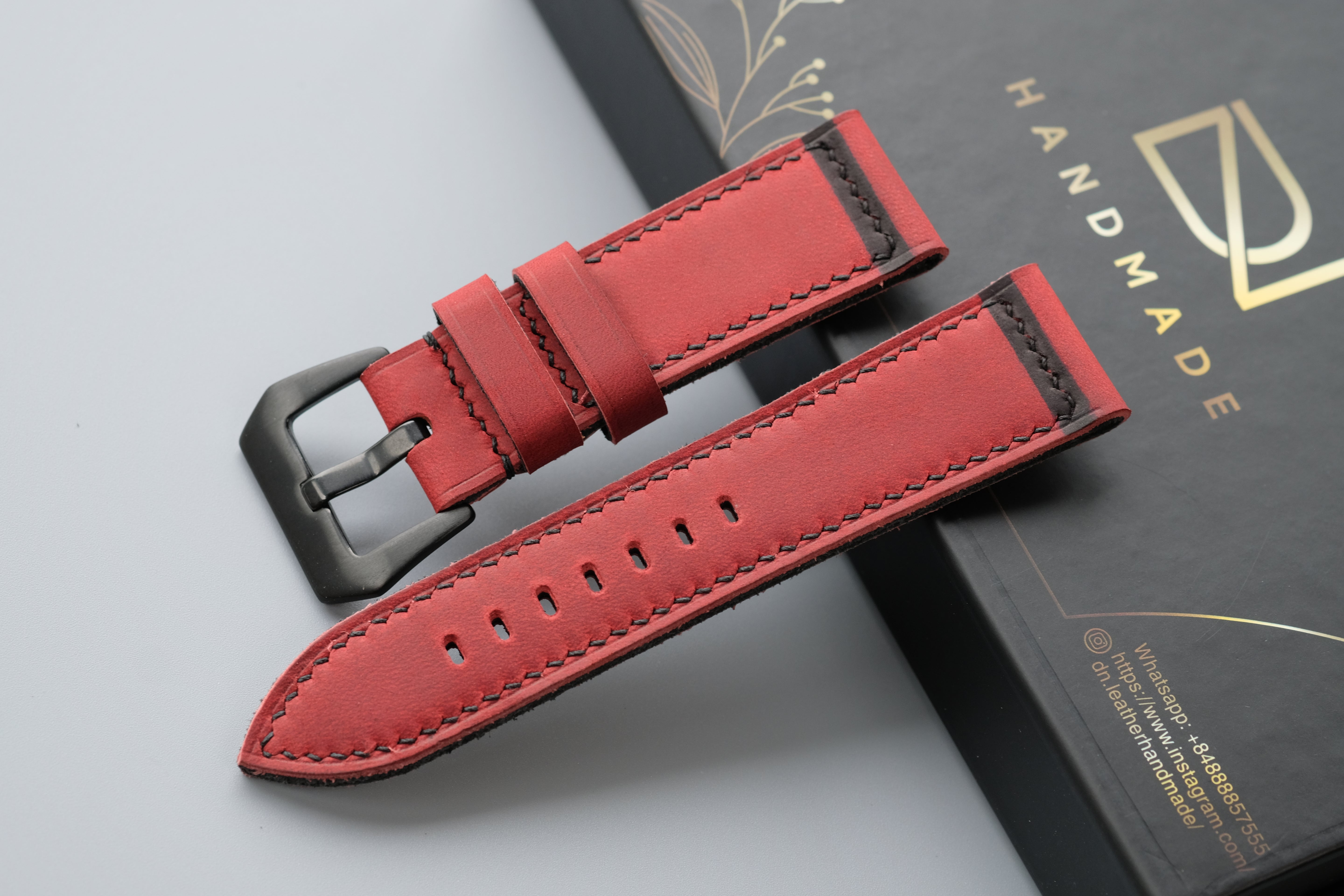 RED Waxed Cowhide Leather Watch Strap – Handmade – Compatible with Panerai Watches