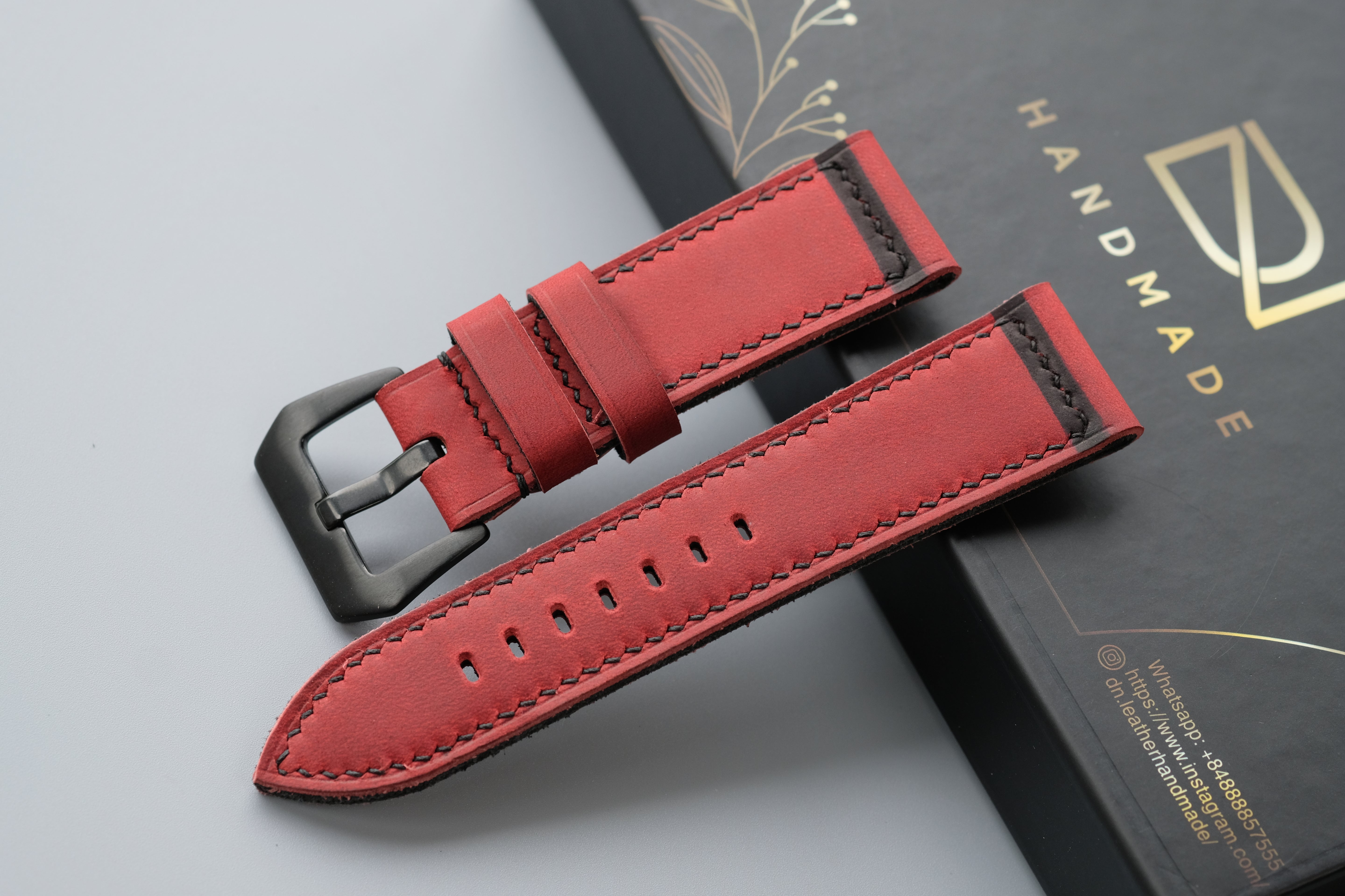 RED Waxed Cowhide Leather Watch Strap – Handmade – Compatible with Panerai Watches