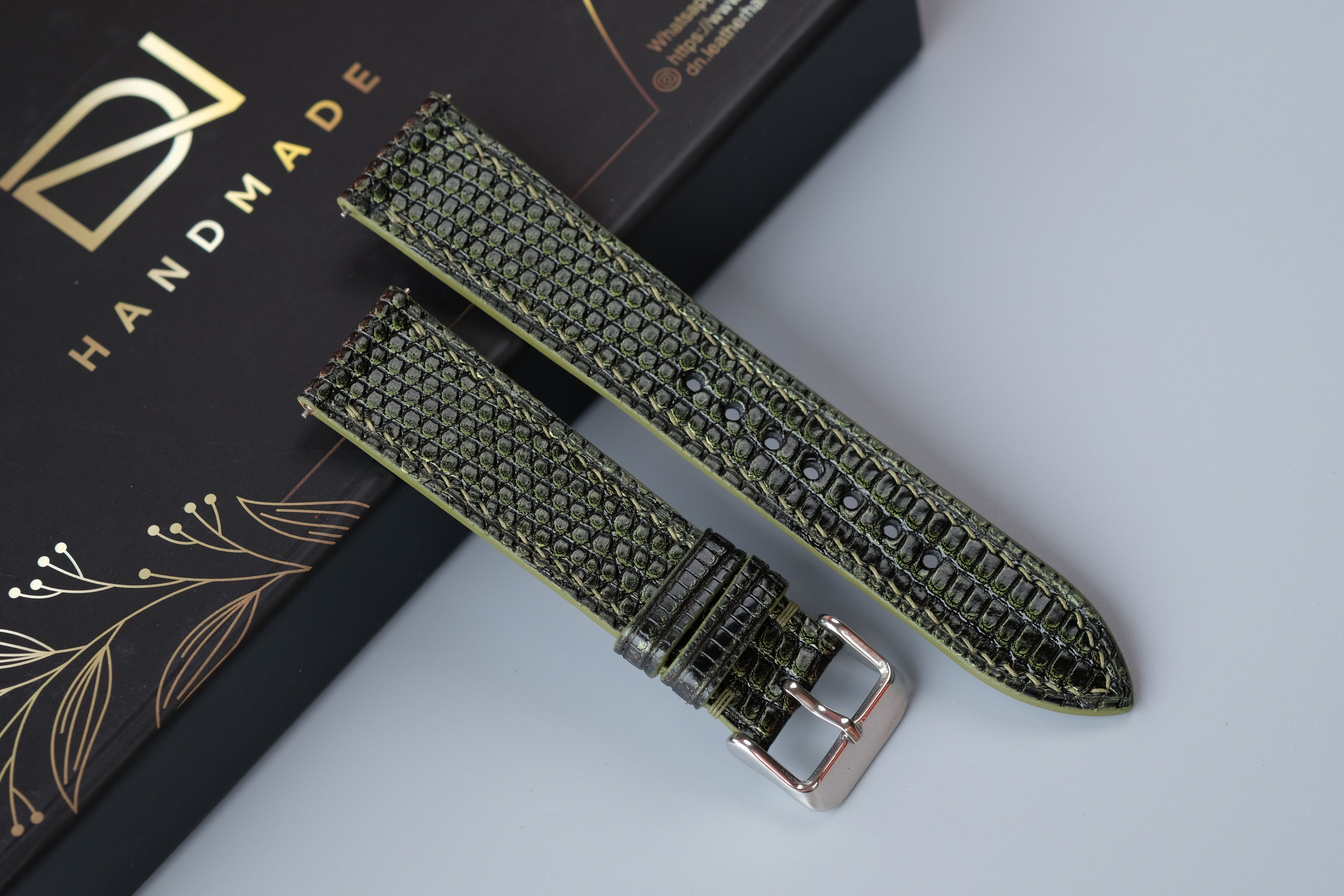 Olive Green Lizard Leather Watch Strap – Custom Sizes 10mm to 26mm