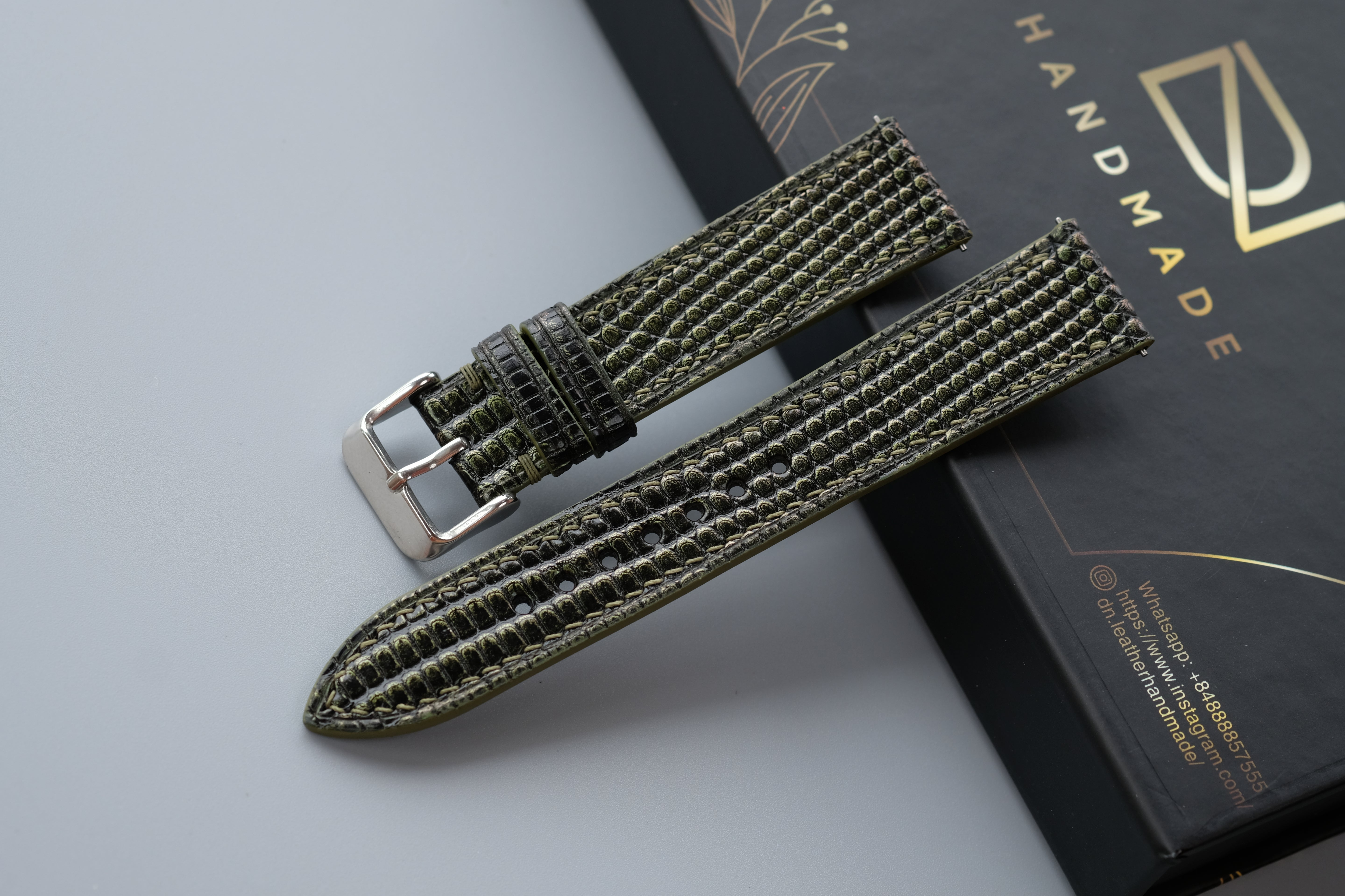 Olive Green Lizard Leather Watch Strap – Custom Sizes 10mm to 26mm