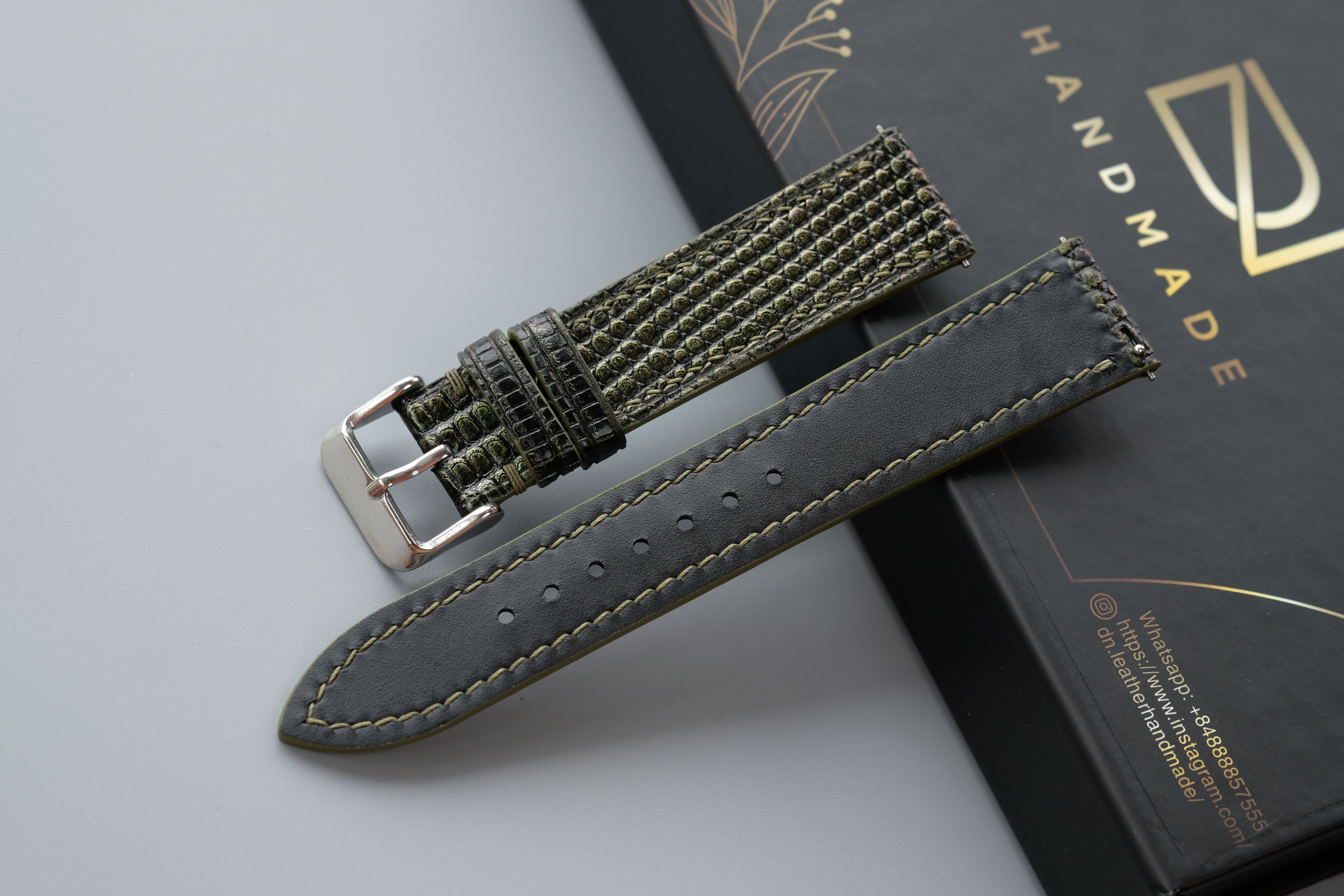 Olive Green Lizard Leather Watch Strap – Custom Sizes 10mm to 26mm