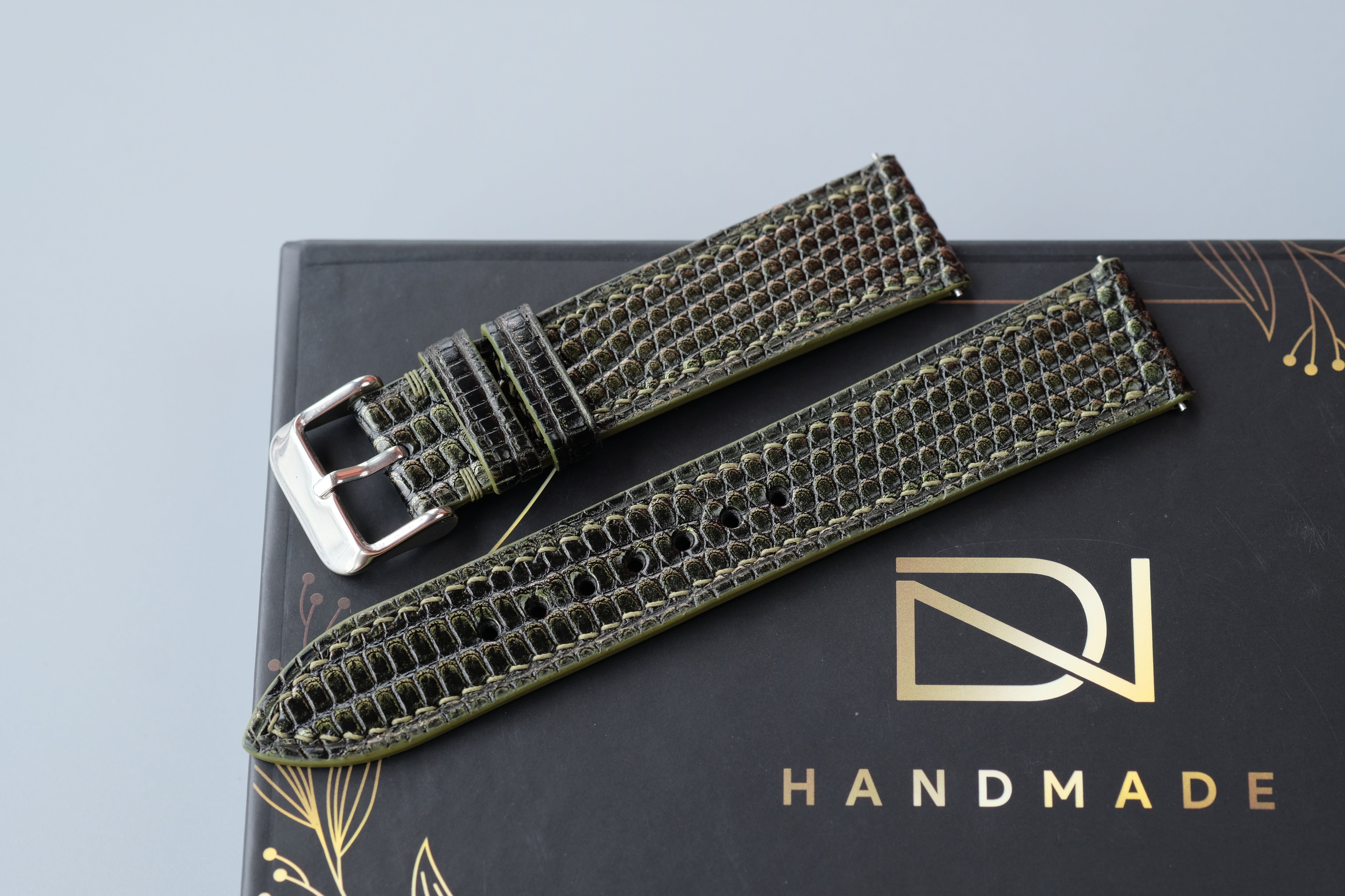 Olive Green Lizard Leather Watch Strap – Custom Sizes 10mm to 26mm