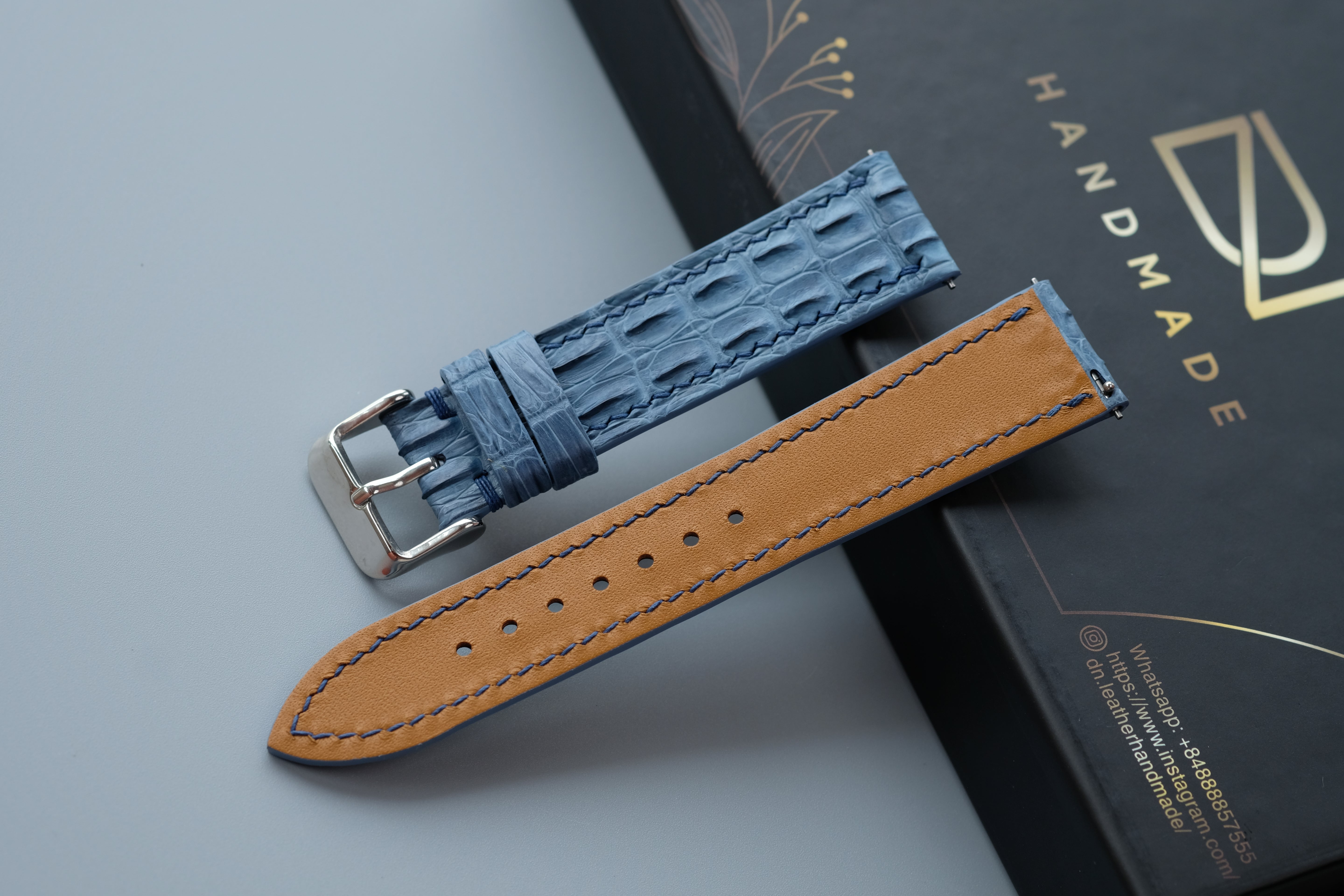 Light Blue Alligator Horn Leather Watch Strap – Custom Sizes 17 mm to 26mm