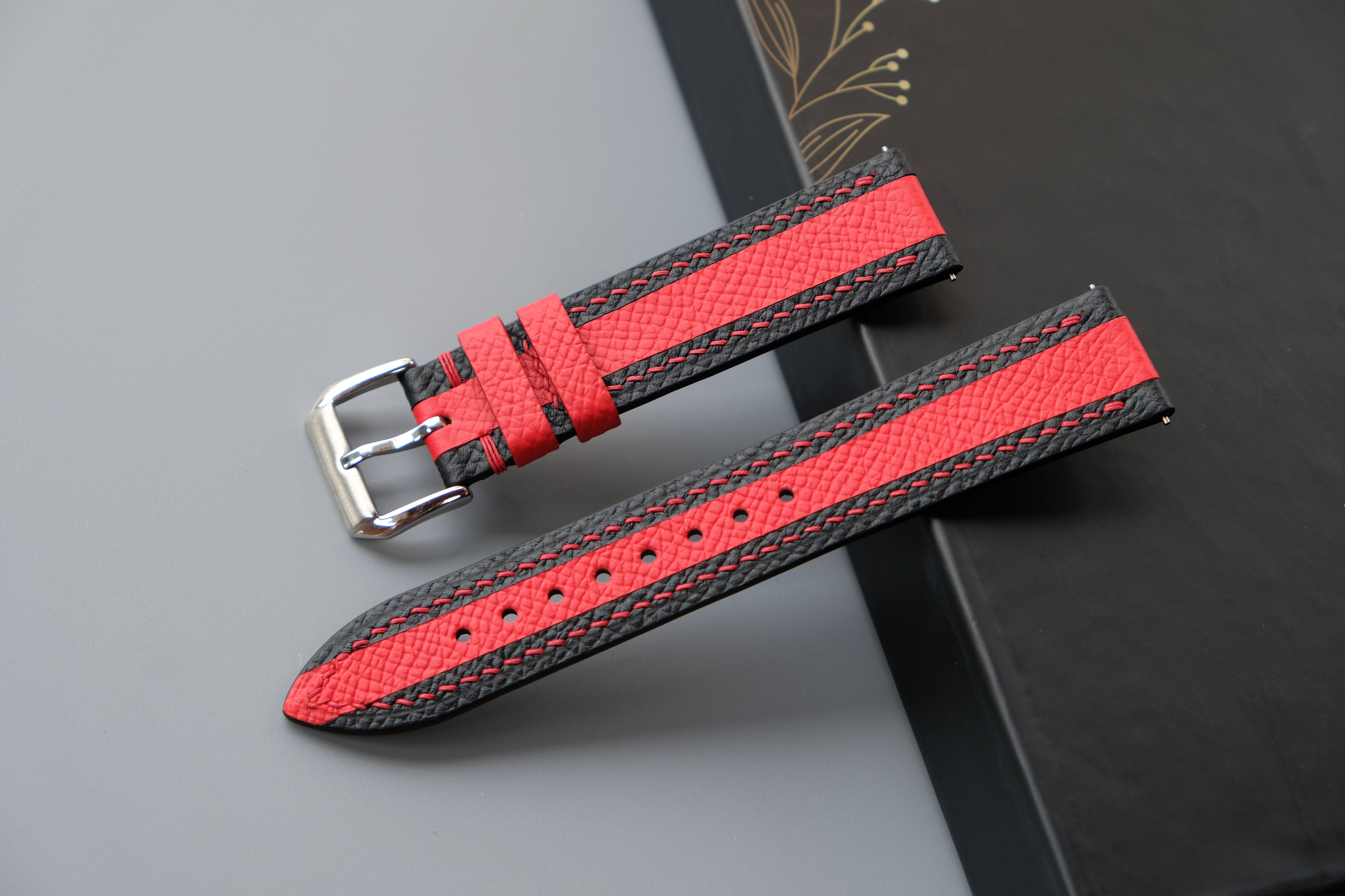 Black Mixed Red Epsom Leather Watch Strap