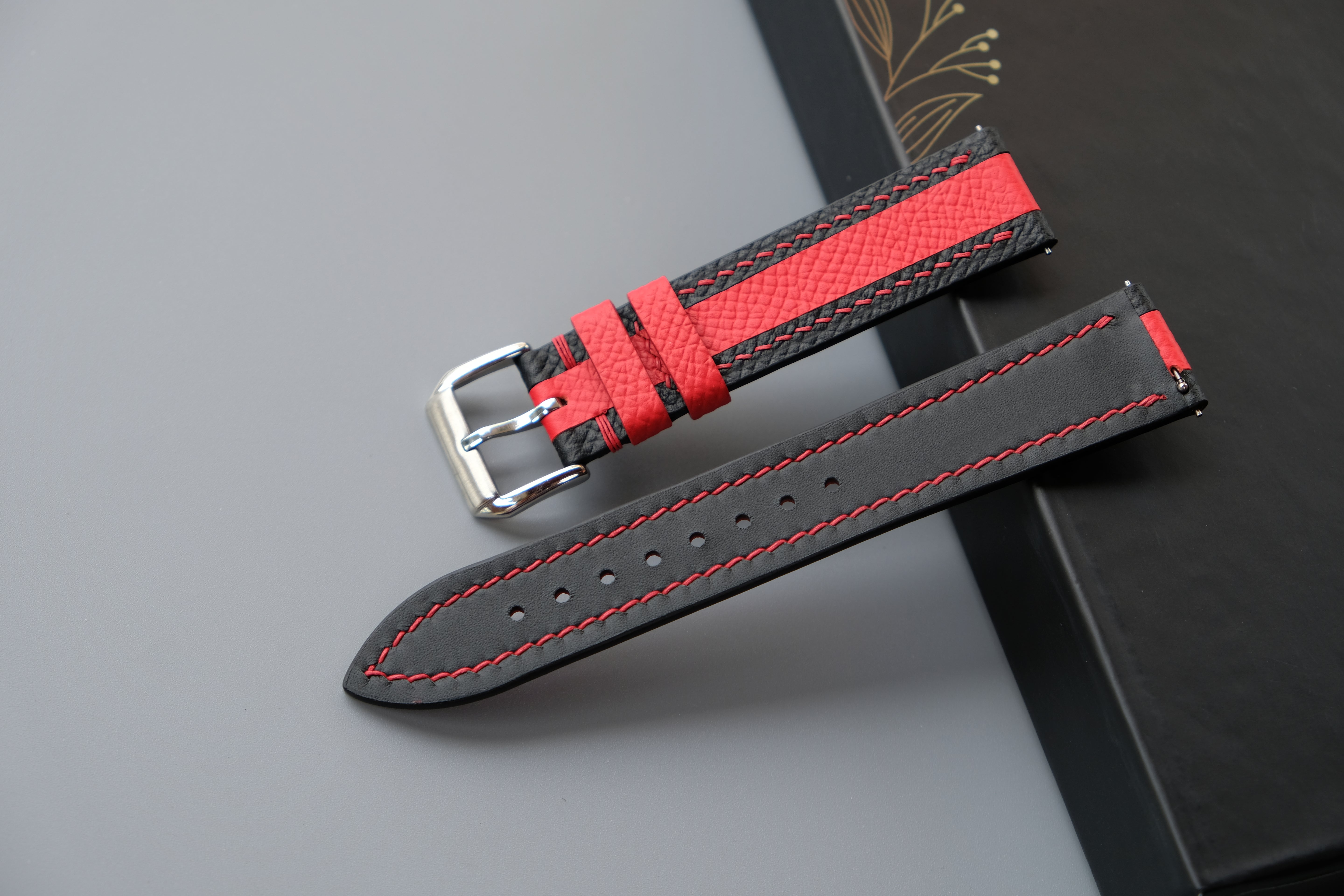 Black Mixed Red Epsom Leather Watch Strap