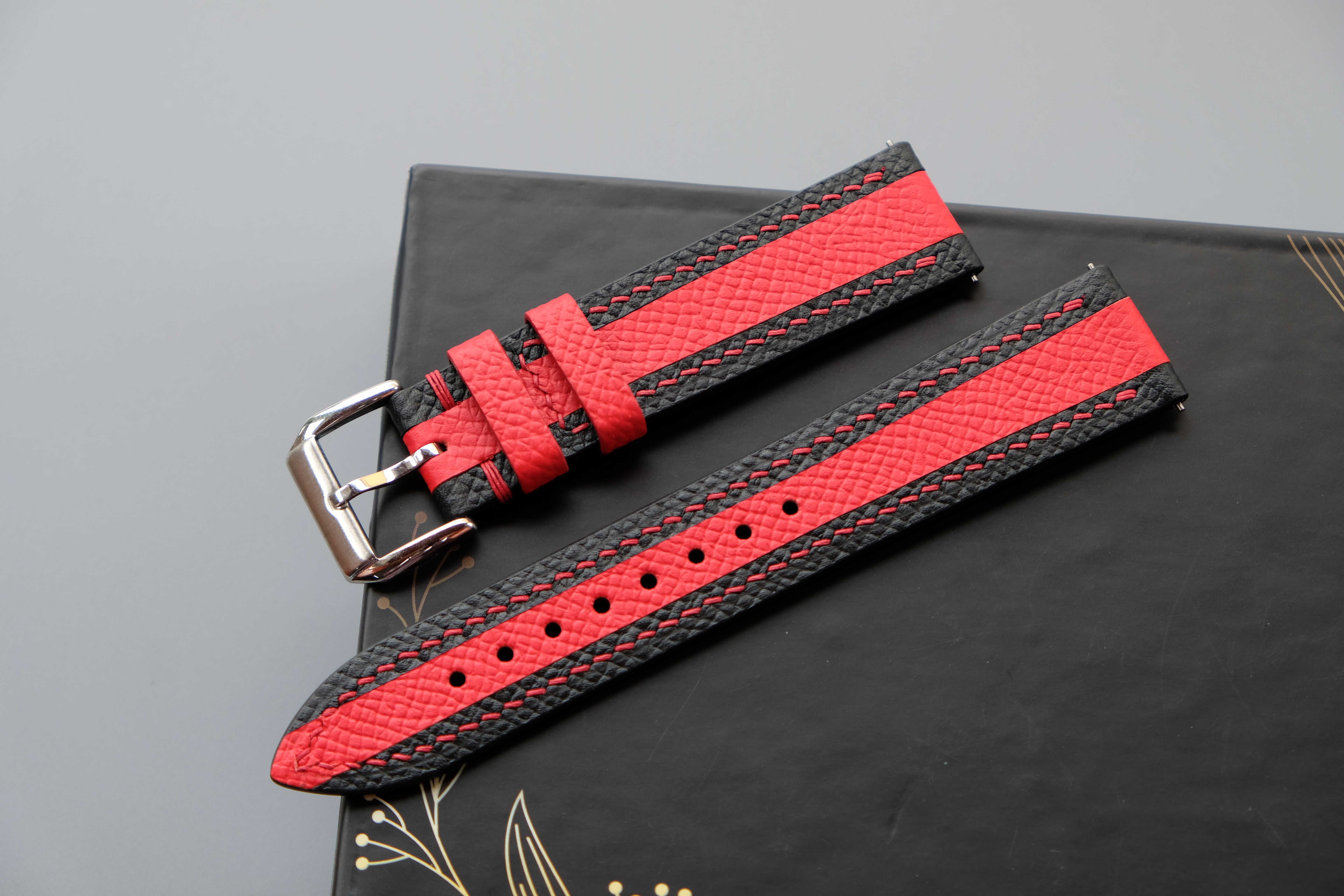 Black Mixed Red Epsom Leather Watch Strap