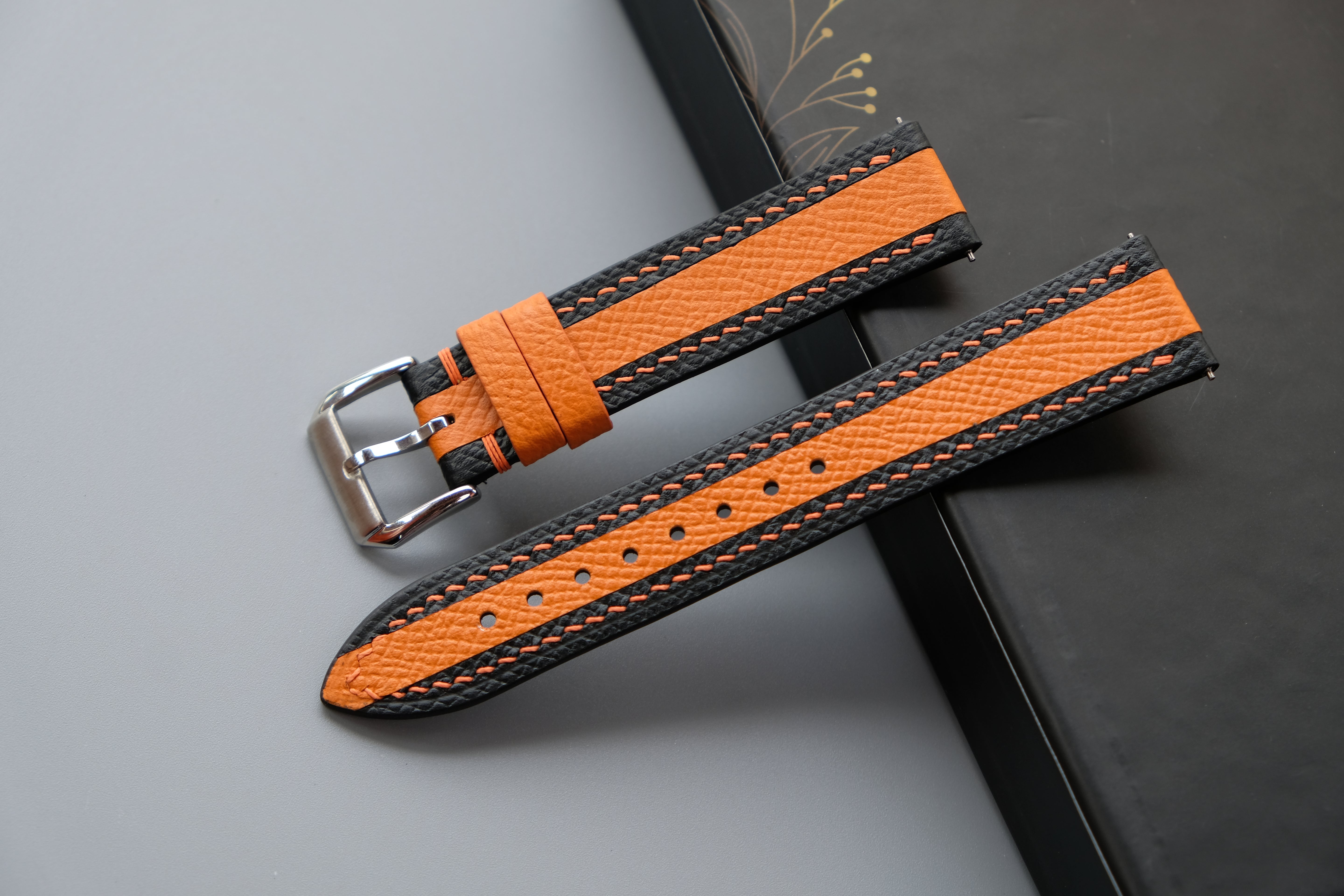 Black Mixed Orange Leather Watch Strap