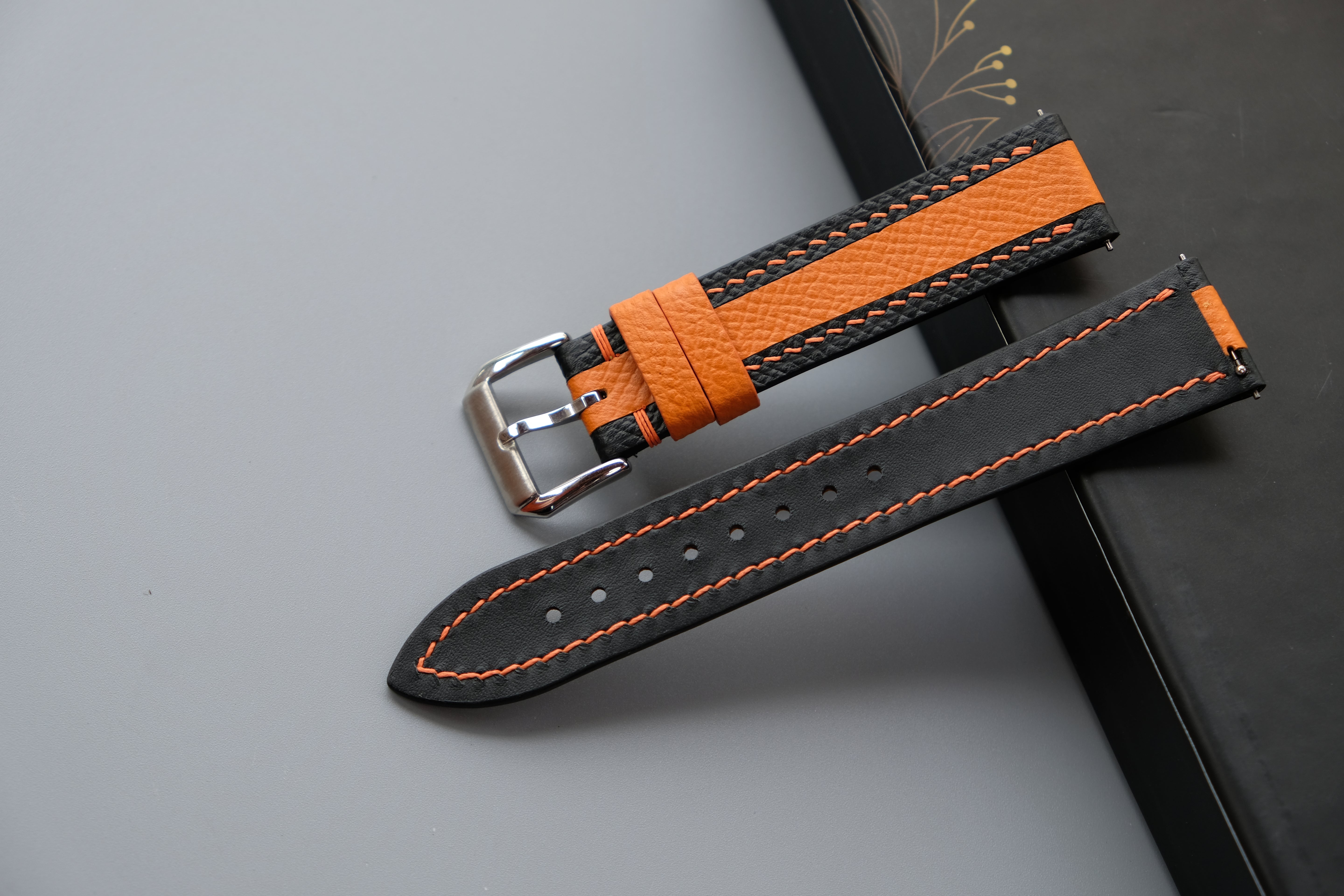 Black Mixed Orange Leather Watch Strap