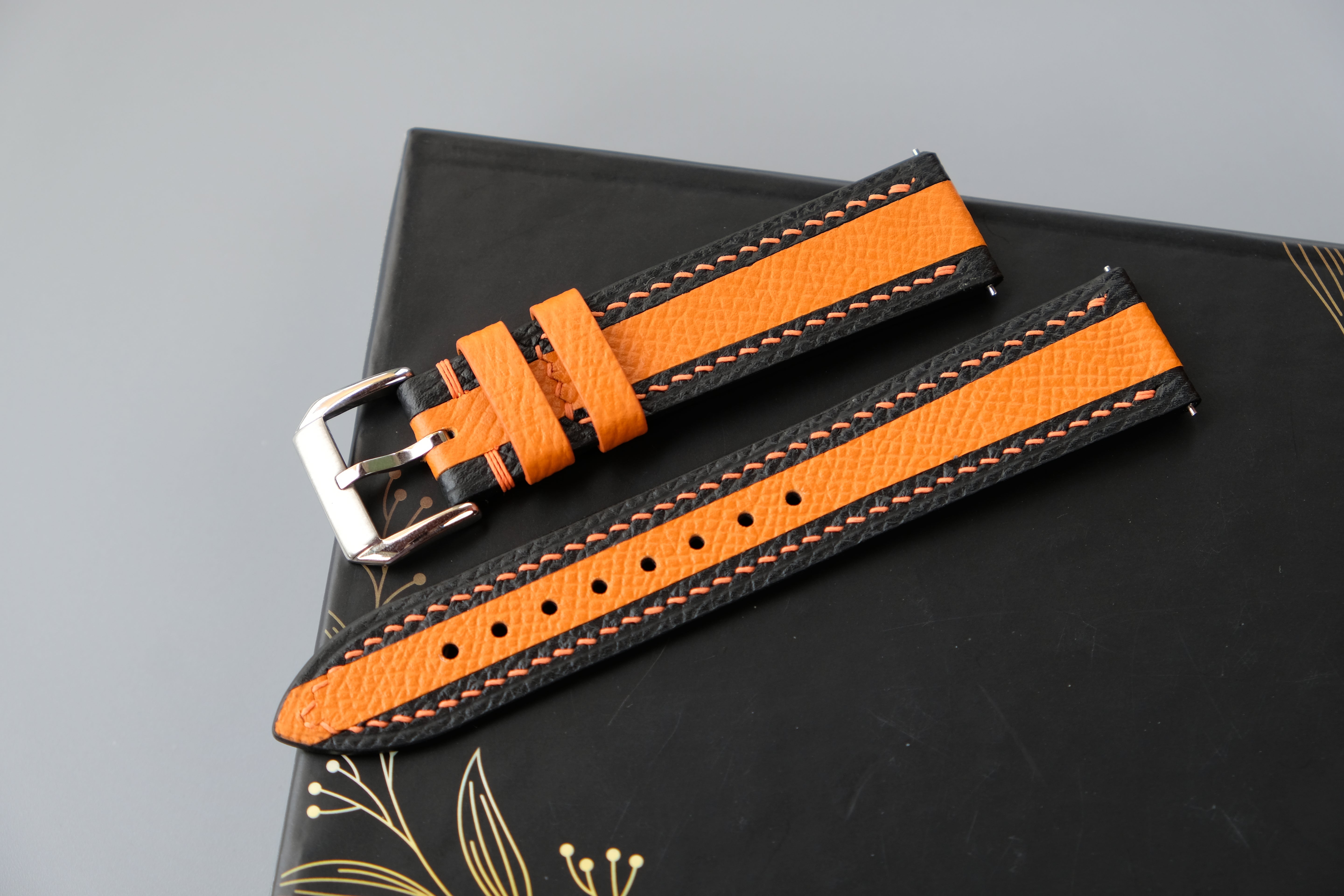 Black Mixed Orange Leather Watch Strap