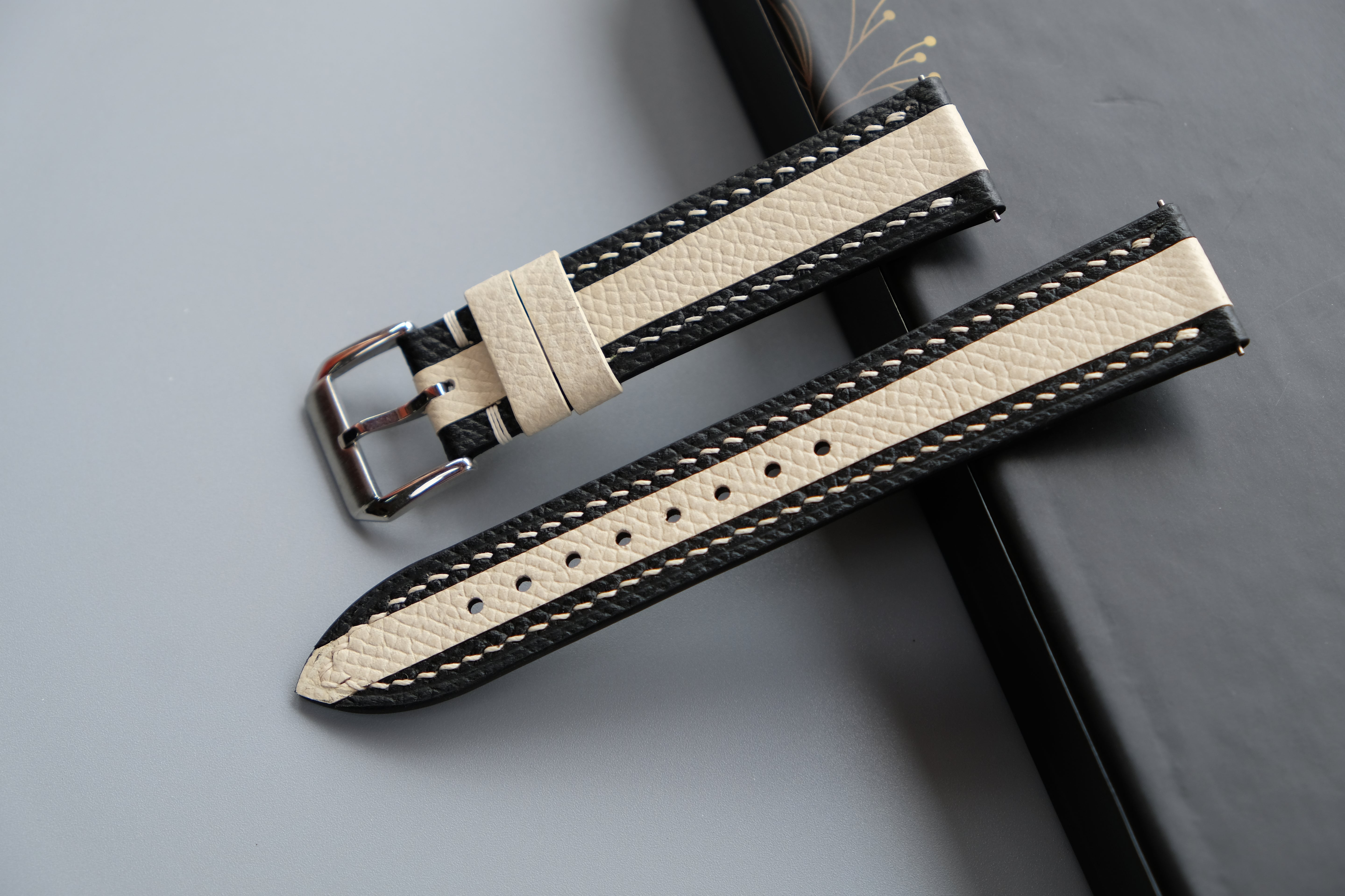 Black Mixed Milky White Epsom Leather Watch Strap