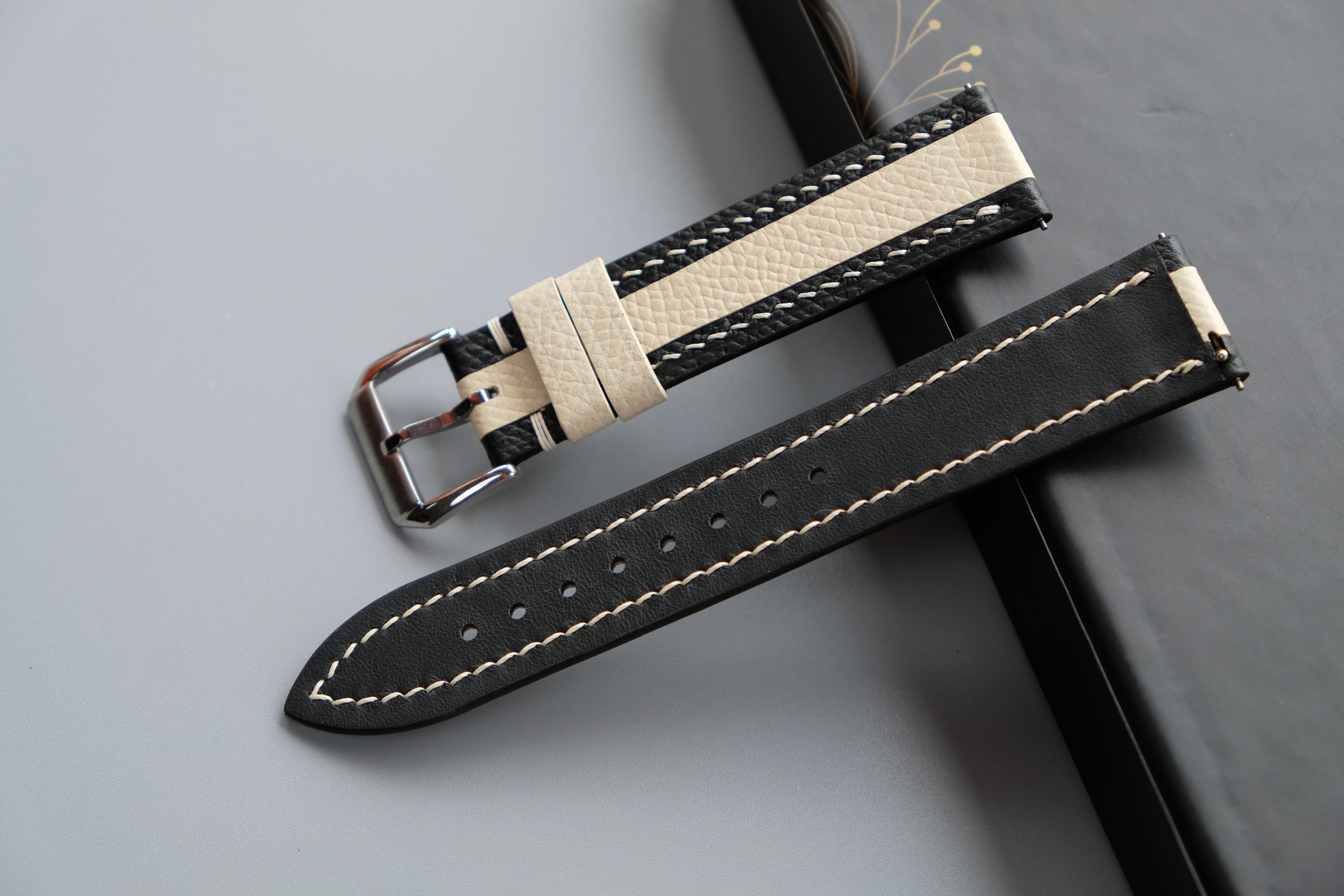 Black Mixed Milky White Epsom Leather Watch Strap