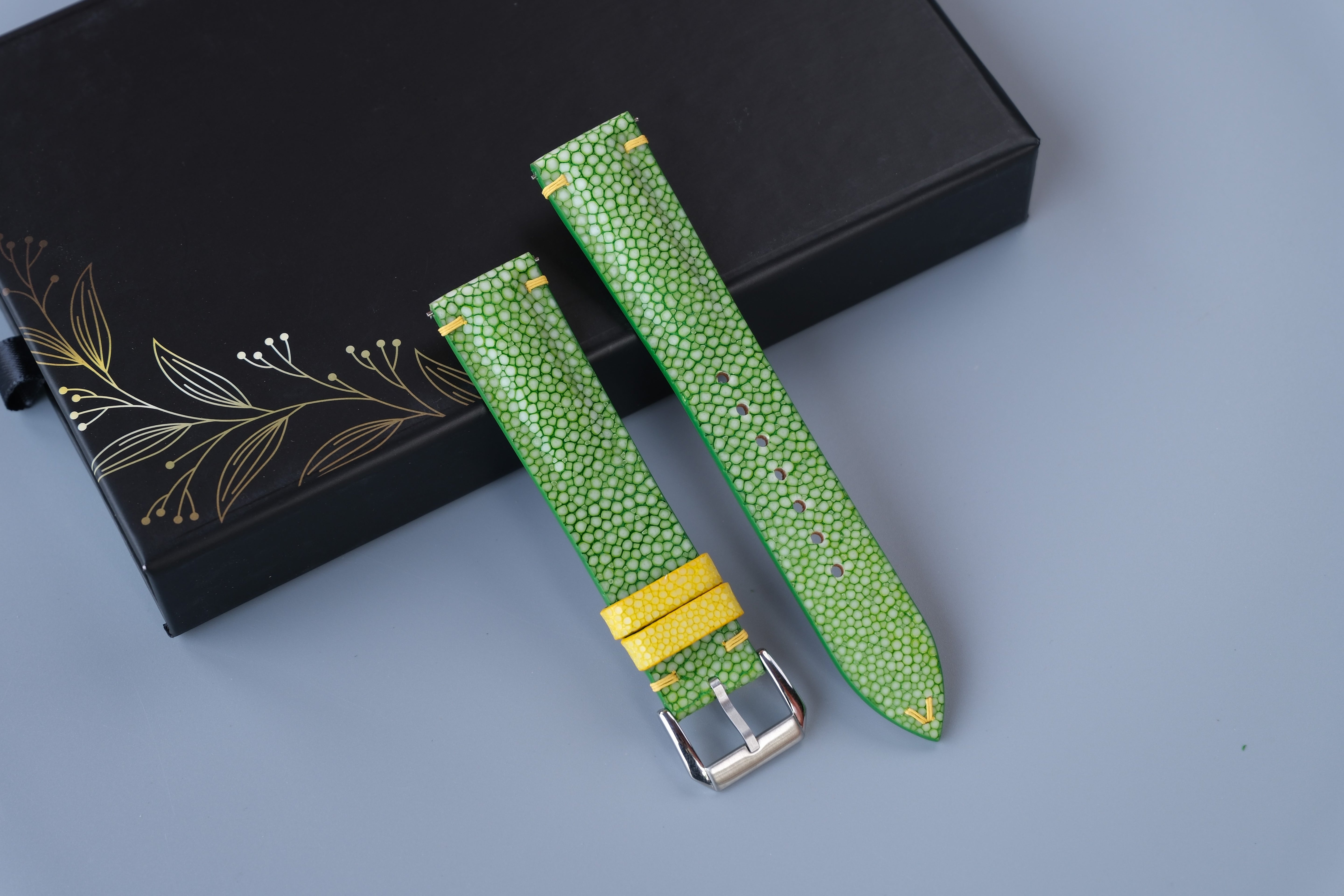 Light Green Stingray Leather Watch Strap with Yellow Accents.
