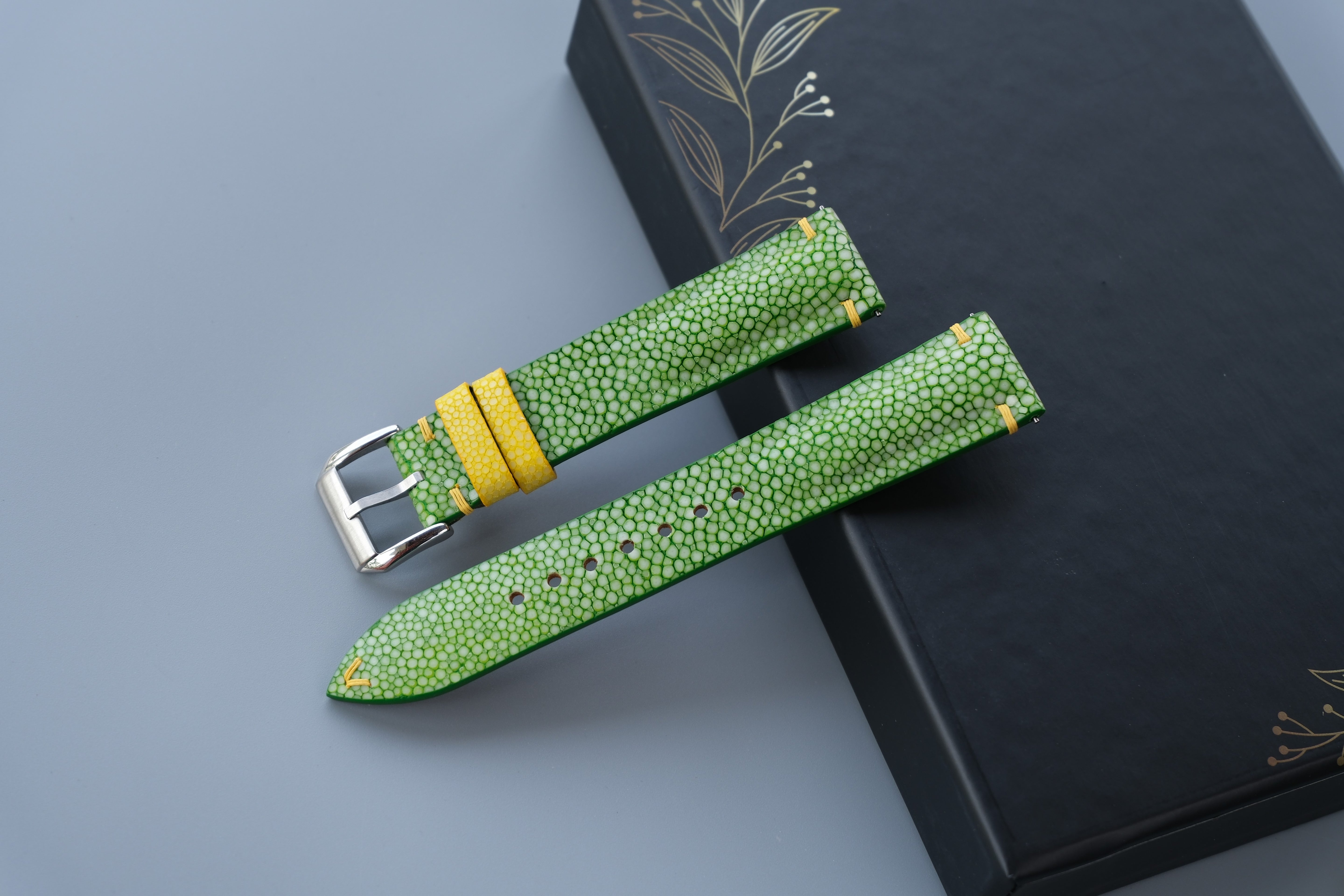 Light Green Stingray Leather Watch Strap with Yellow Accents.