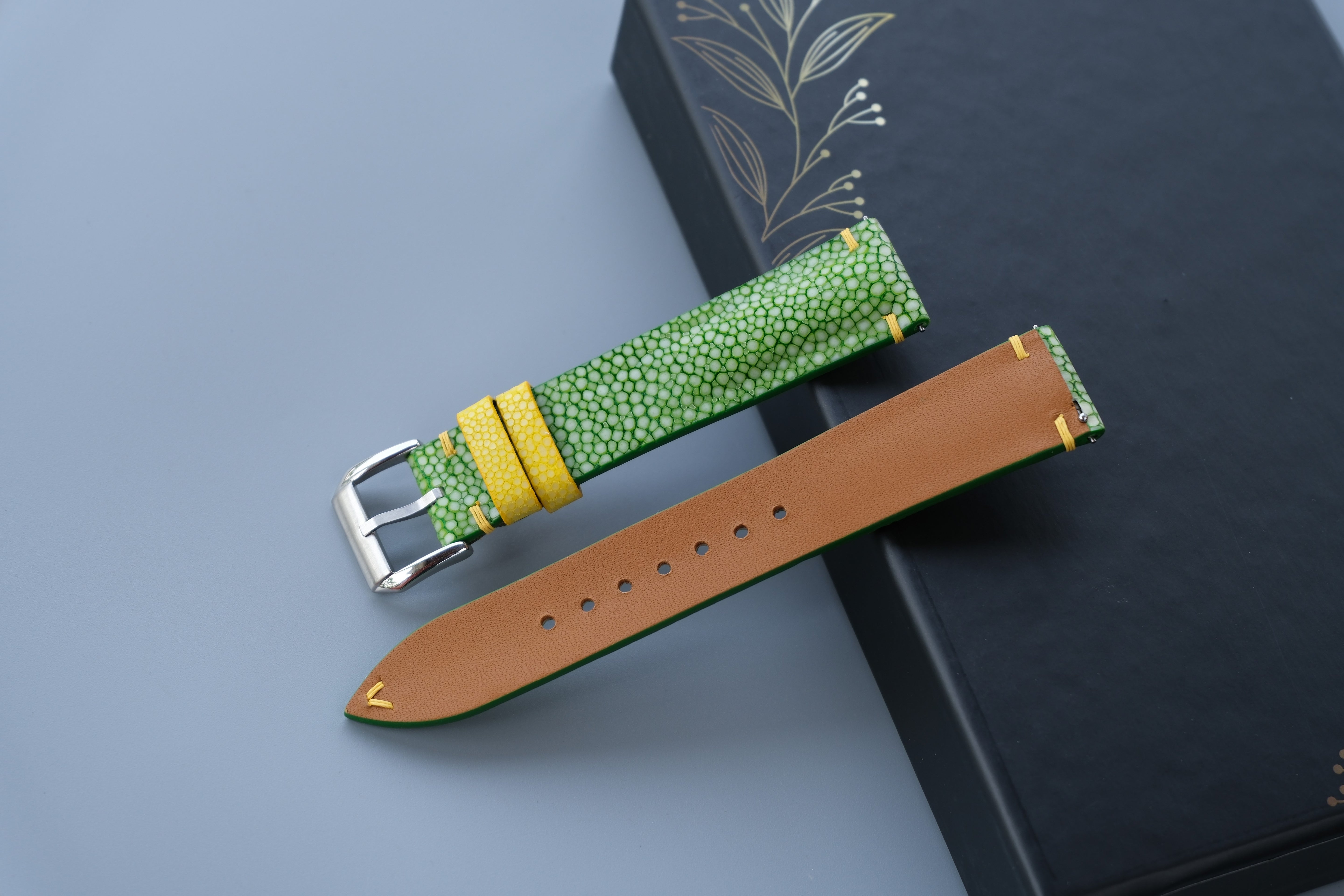 Light Green Stingray Leather Watch Strap with Yellow Accents.