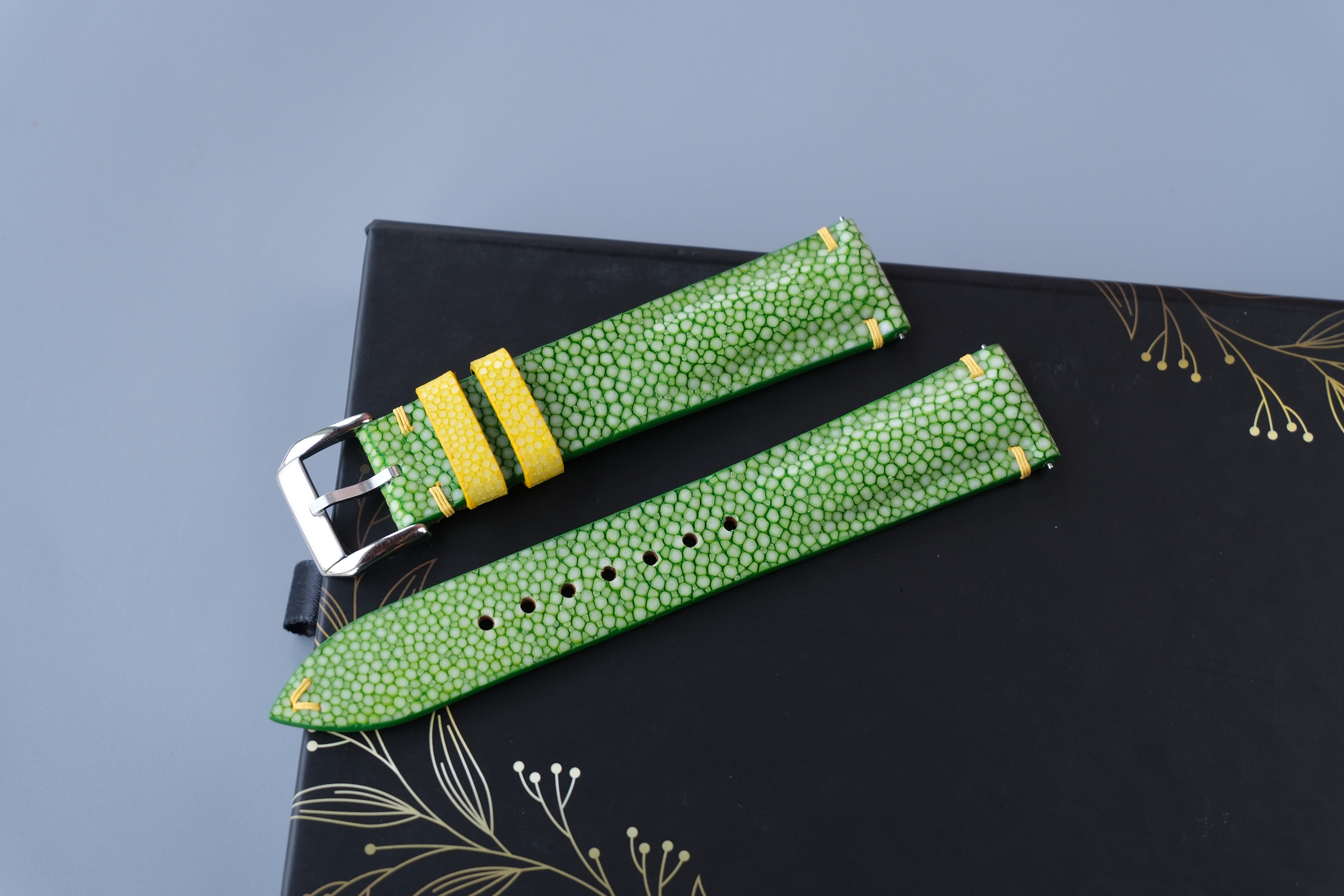 Light Green Stingray Leather Watch Strap with Yellow Accents.