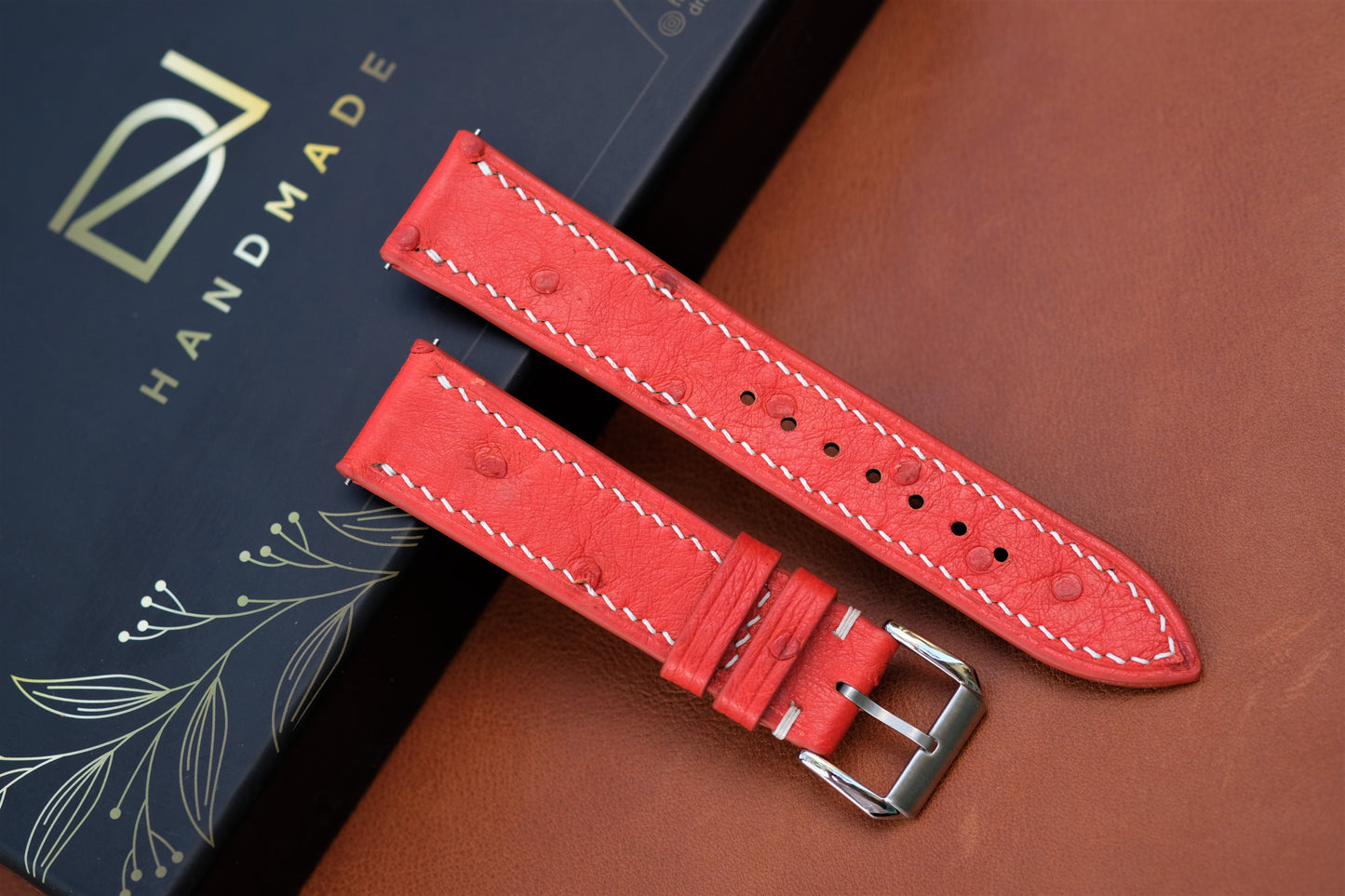 Orange Red Ostrich Leather Watch Strap