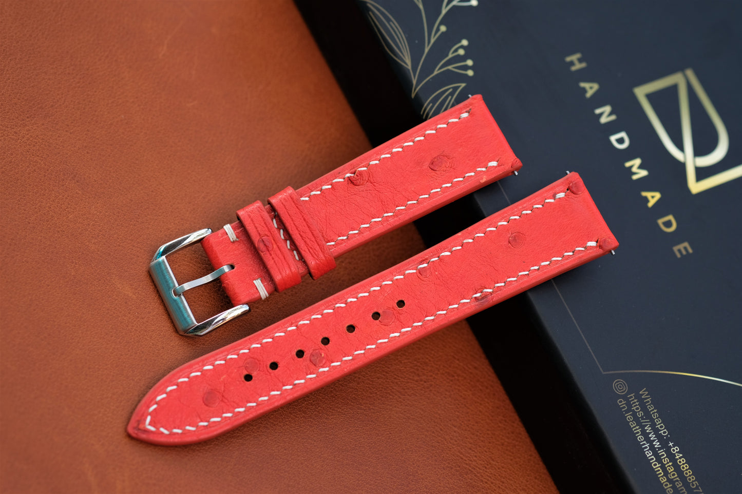 Orange Red Ostrich Leather Watch Strap