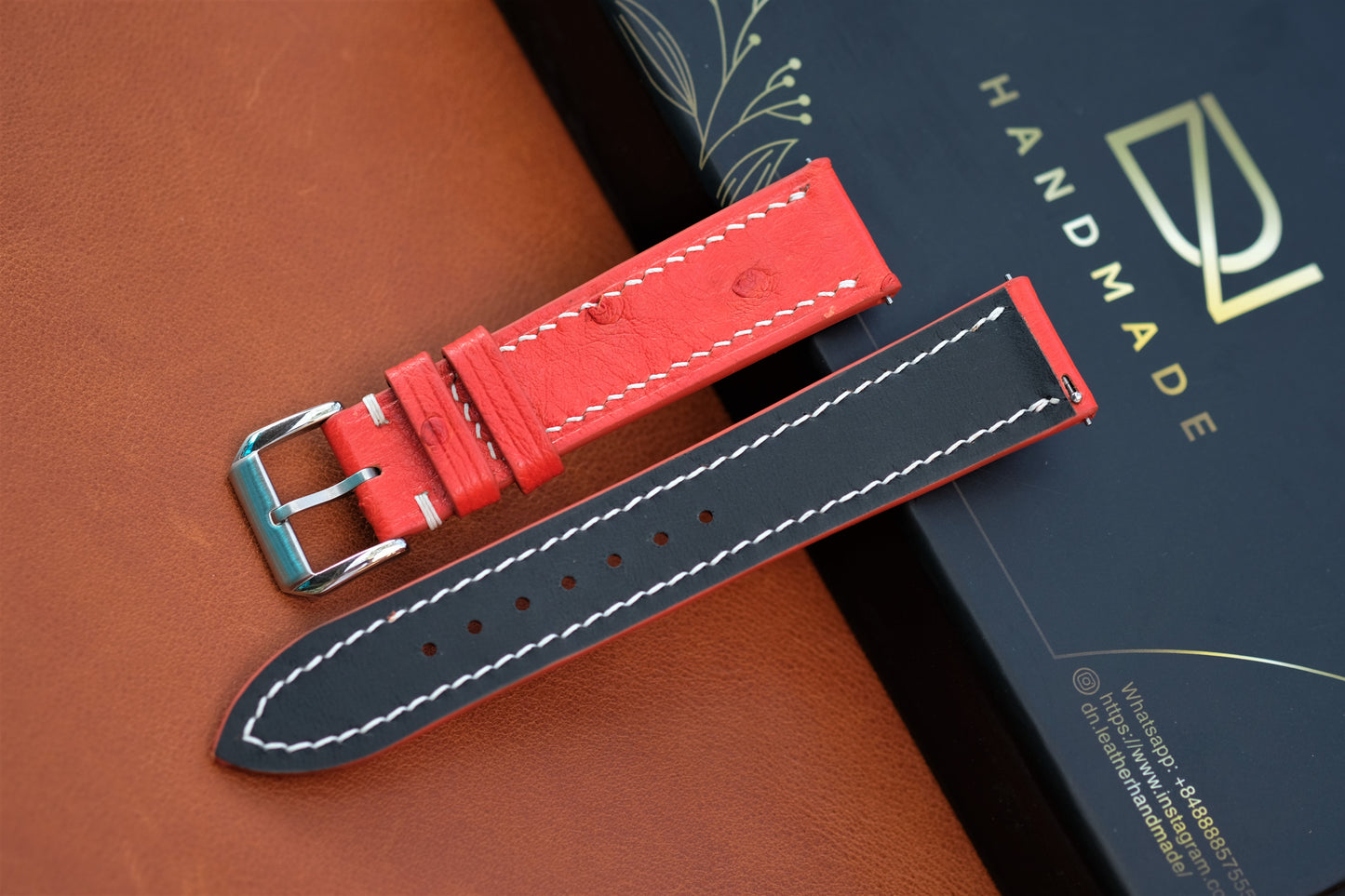 Orange Red Ostrich Leather Watch Strap