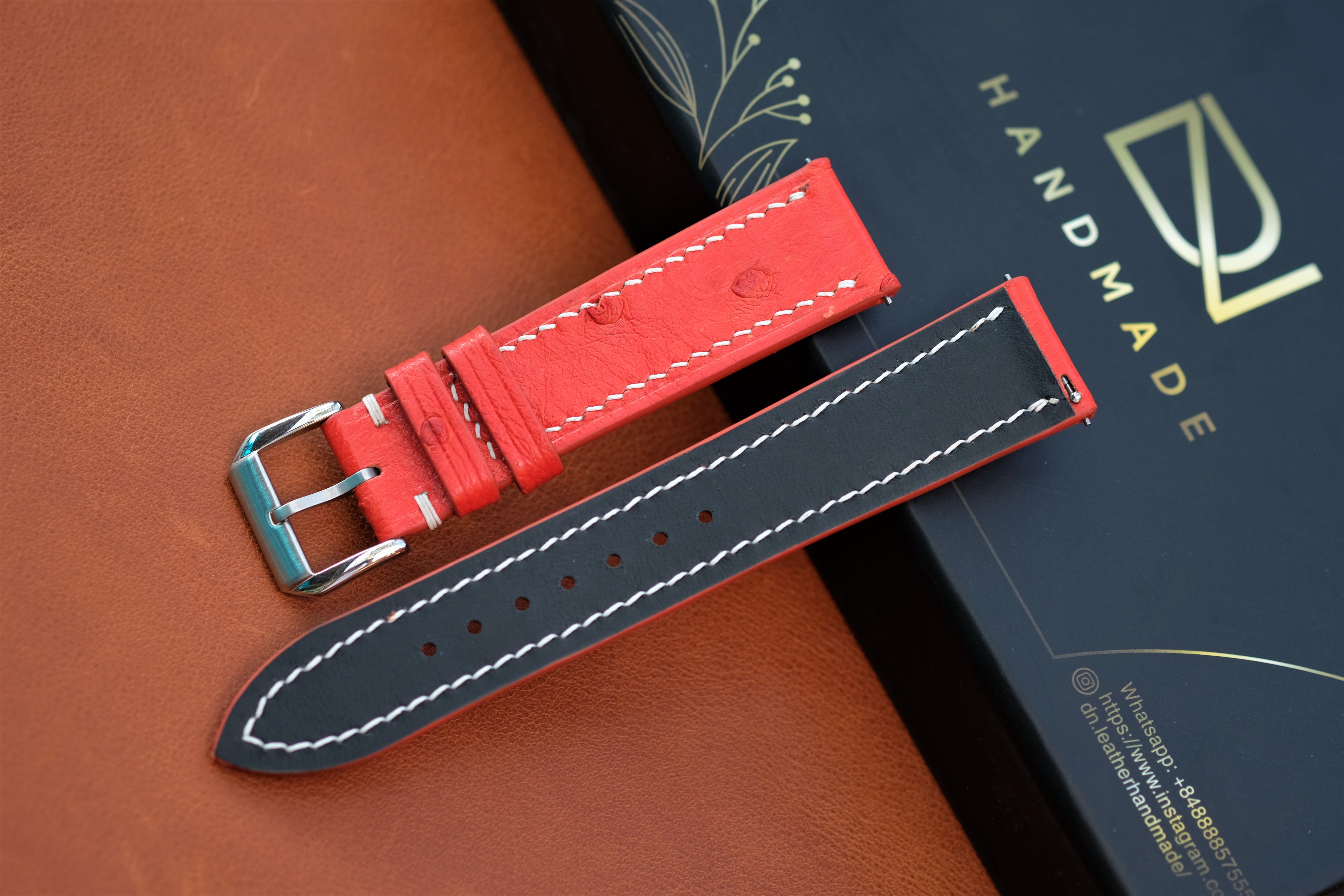 Orange Red Ostrich Leather Watch Strap