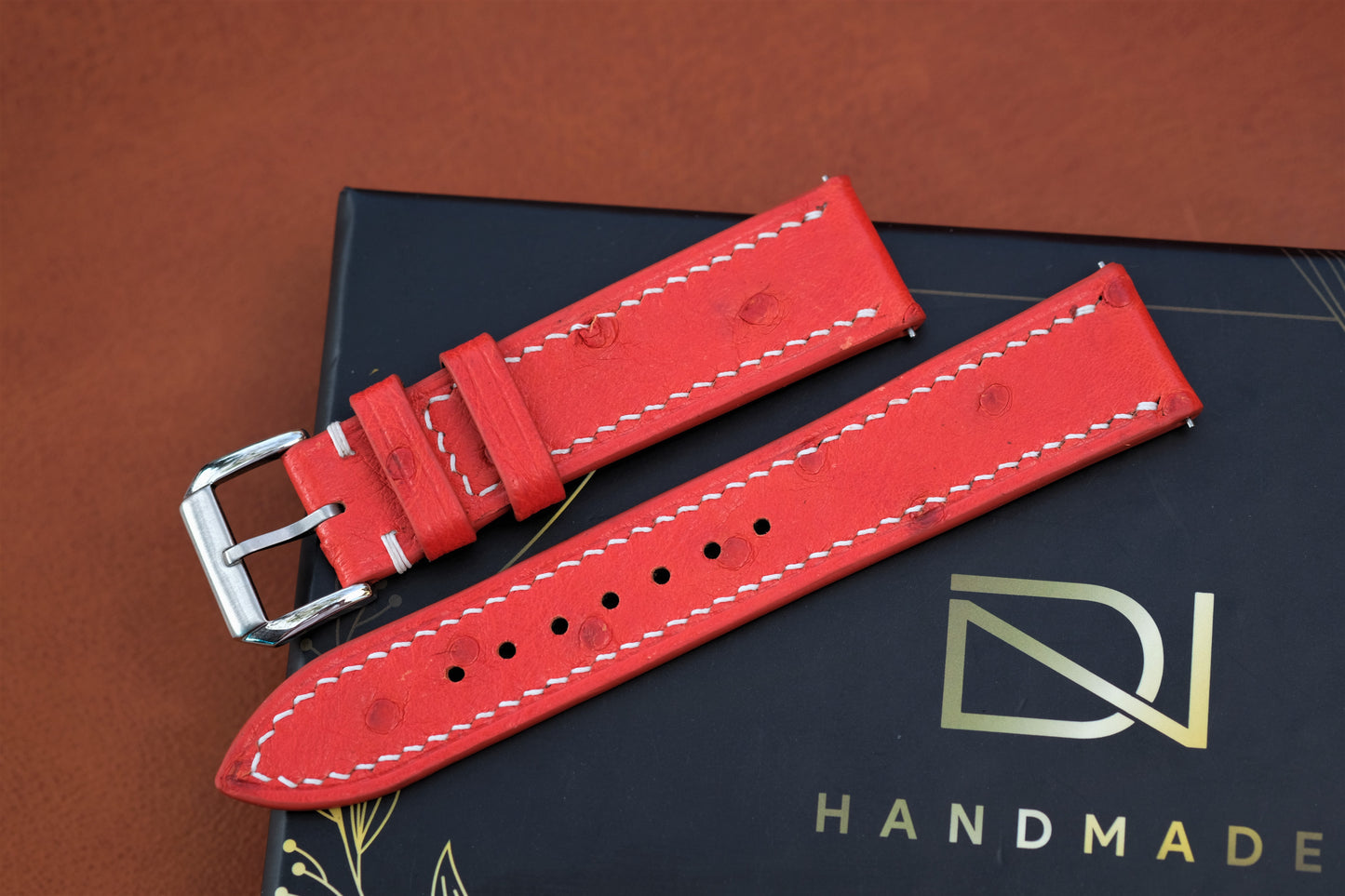 Orange Red Ostrich Leather Watch Strap