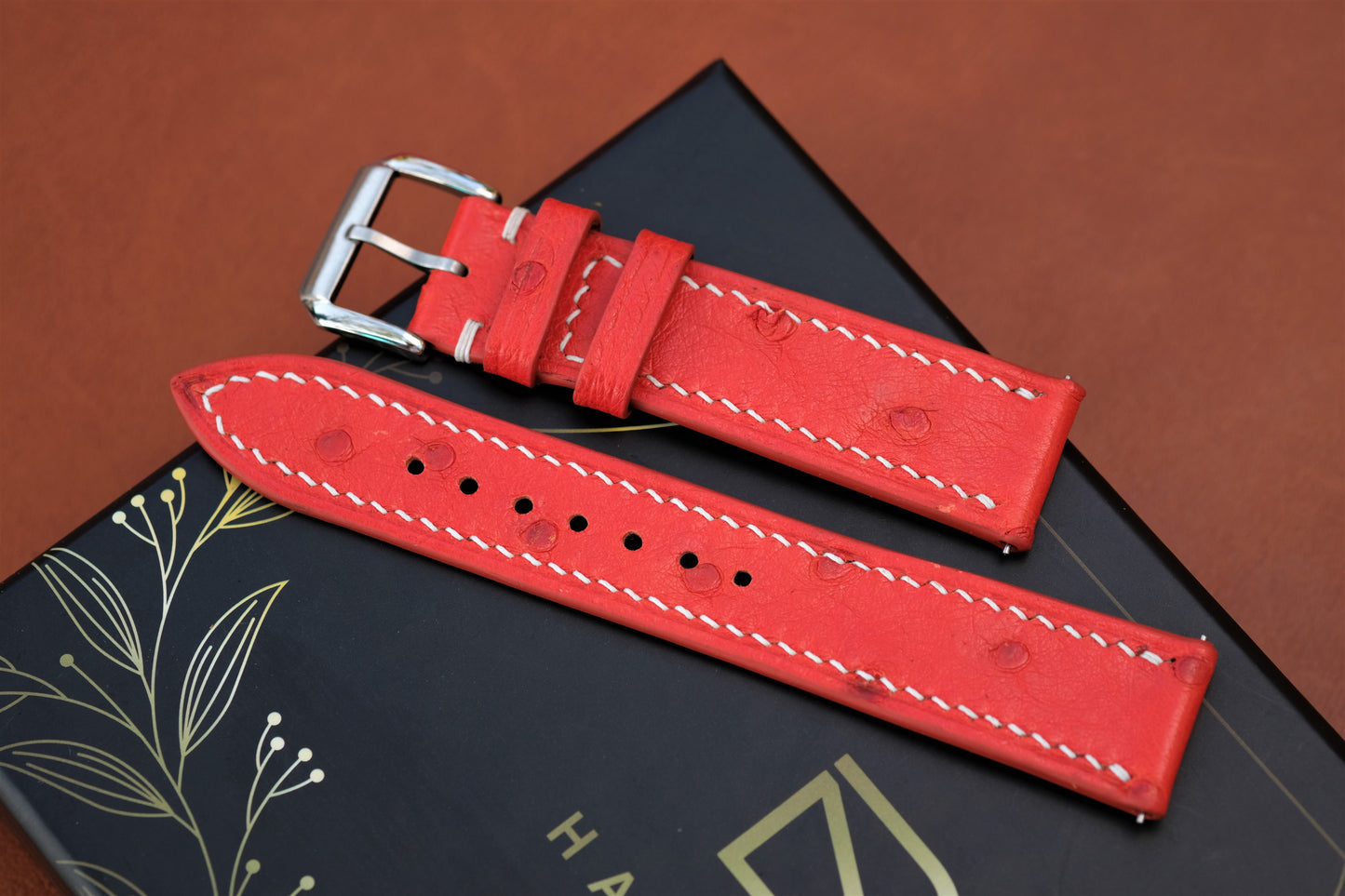 Orange Red Ostrich Leather Watch Strap