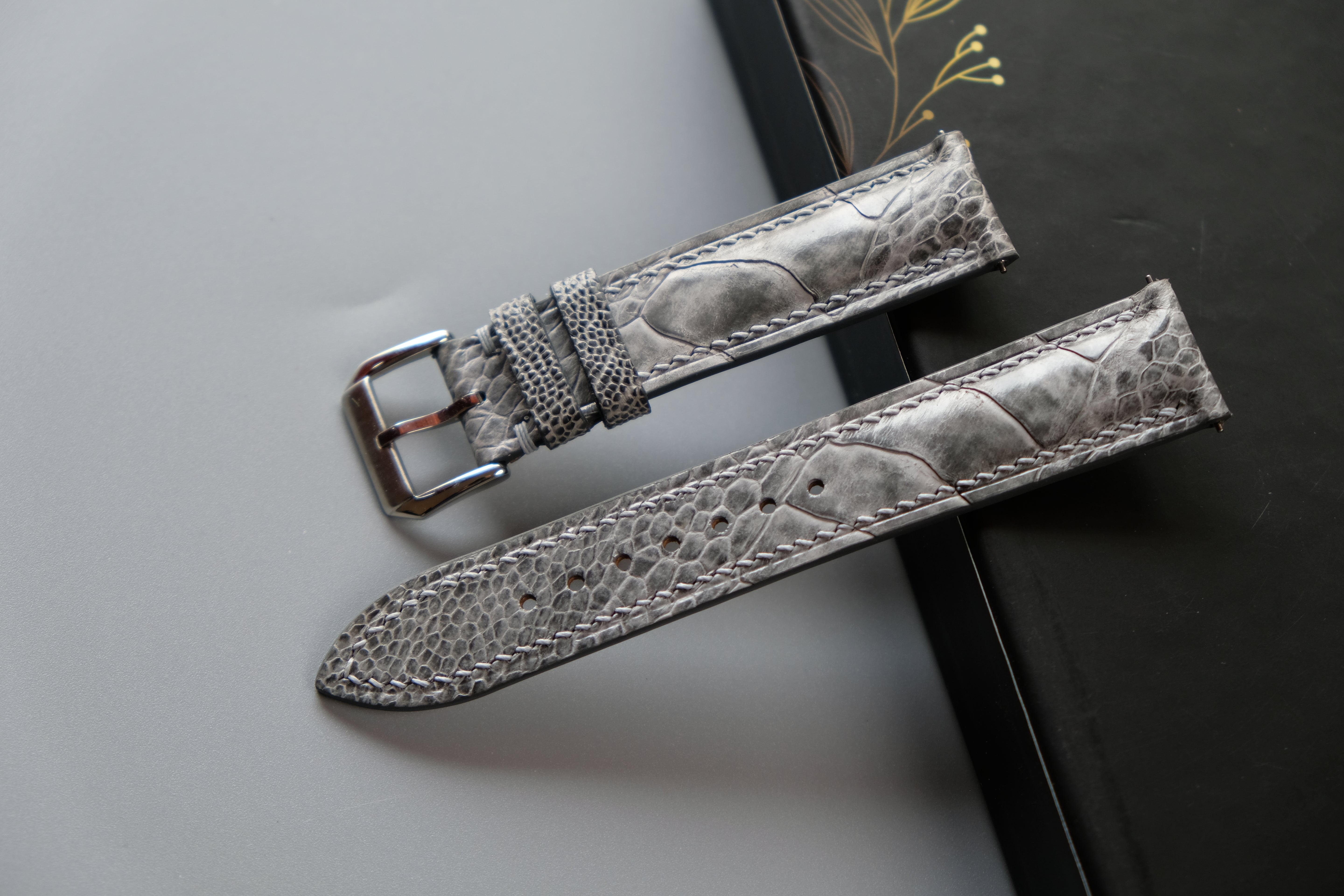 Gray Ostrich Leather Watch Strap – Custom Sizes 10mm to 26mm