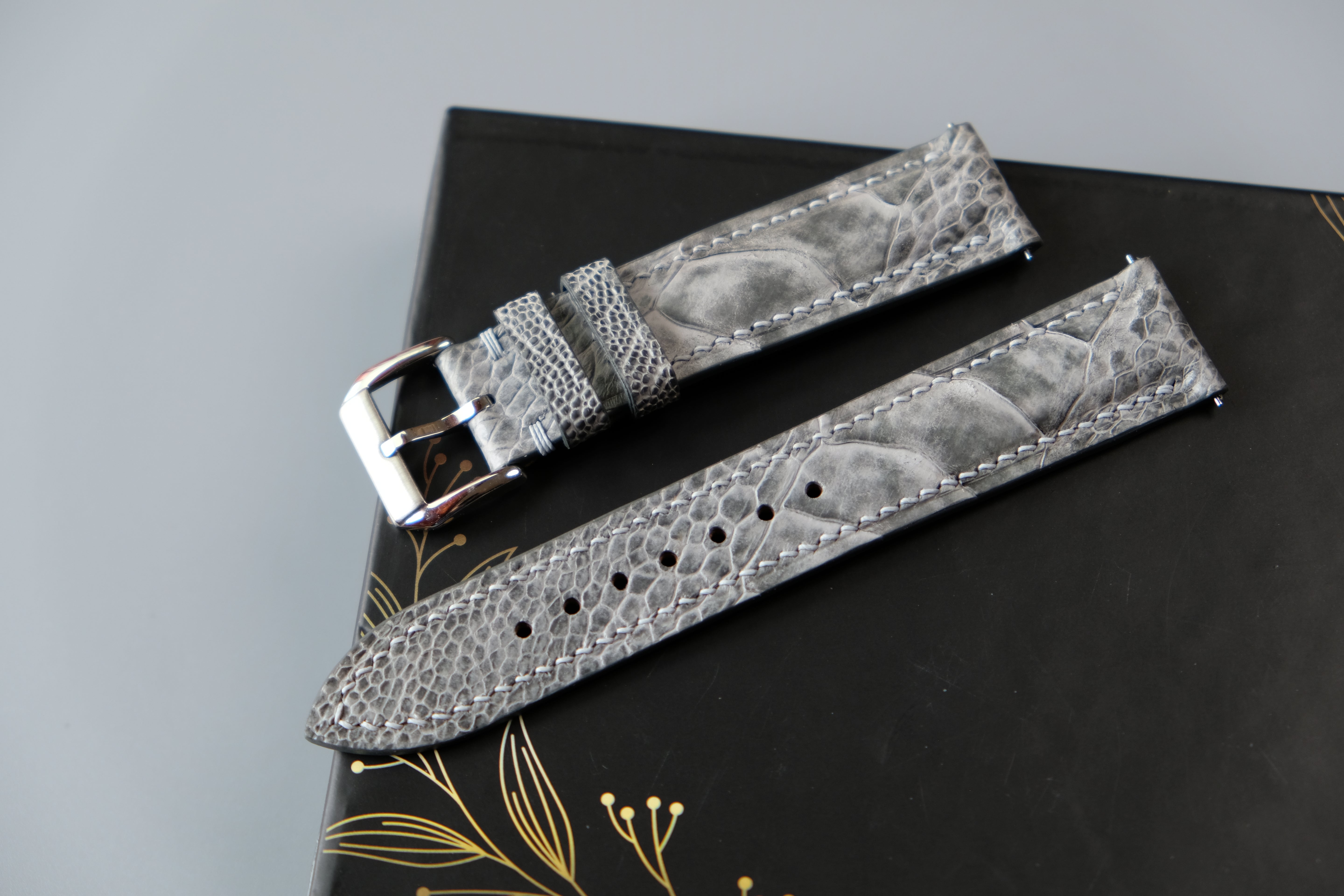 Gray Ostrich Leather Watch Strap – Custom Sizes 10mm to 26mm