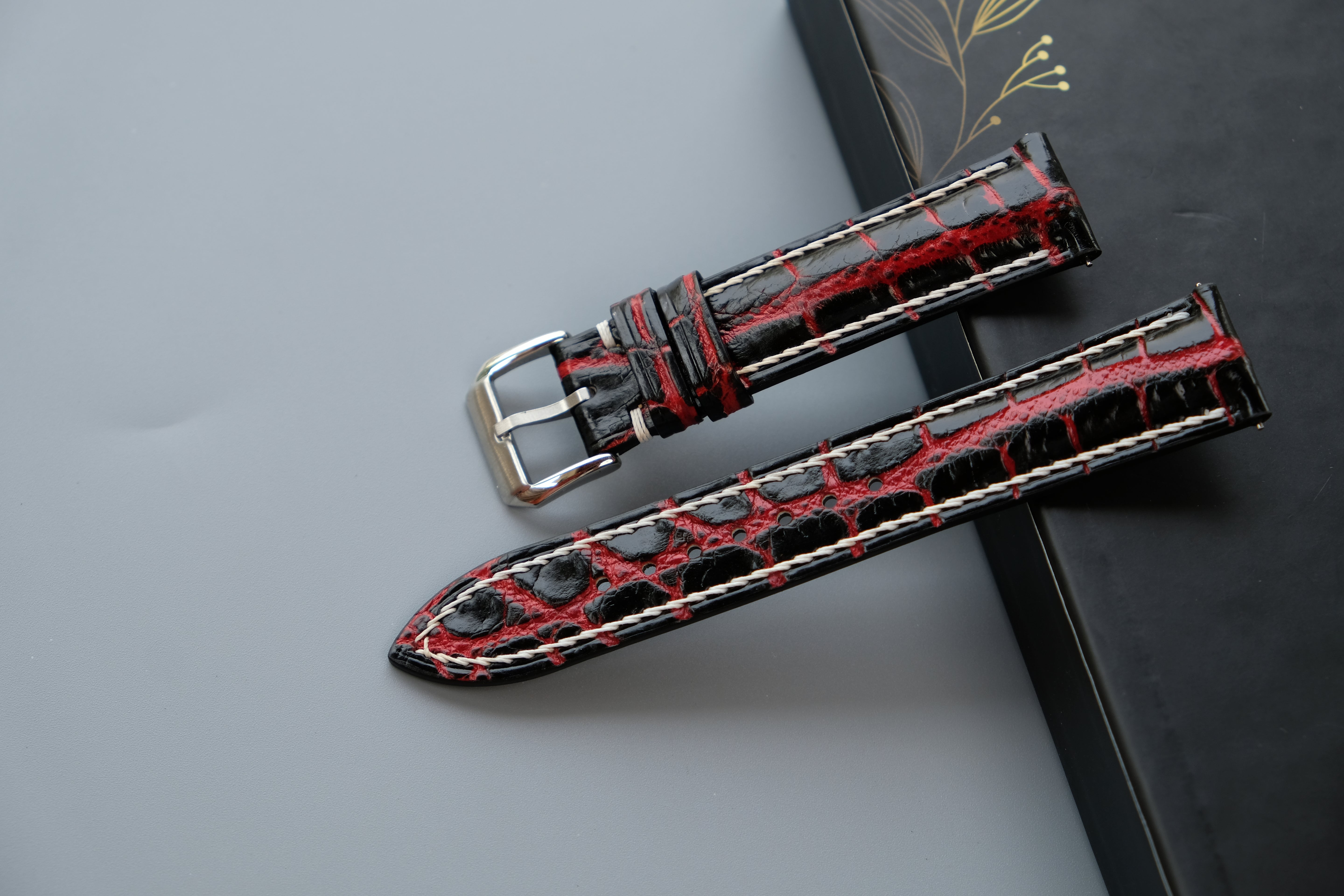 Hand-dyed Alligator Leather Watch Strap - Black And Red