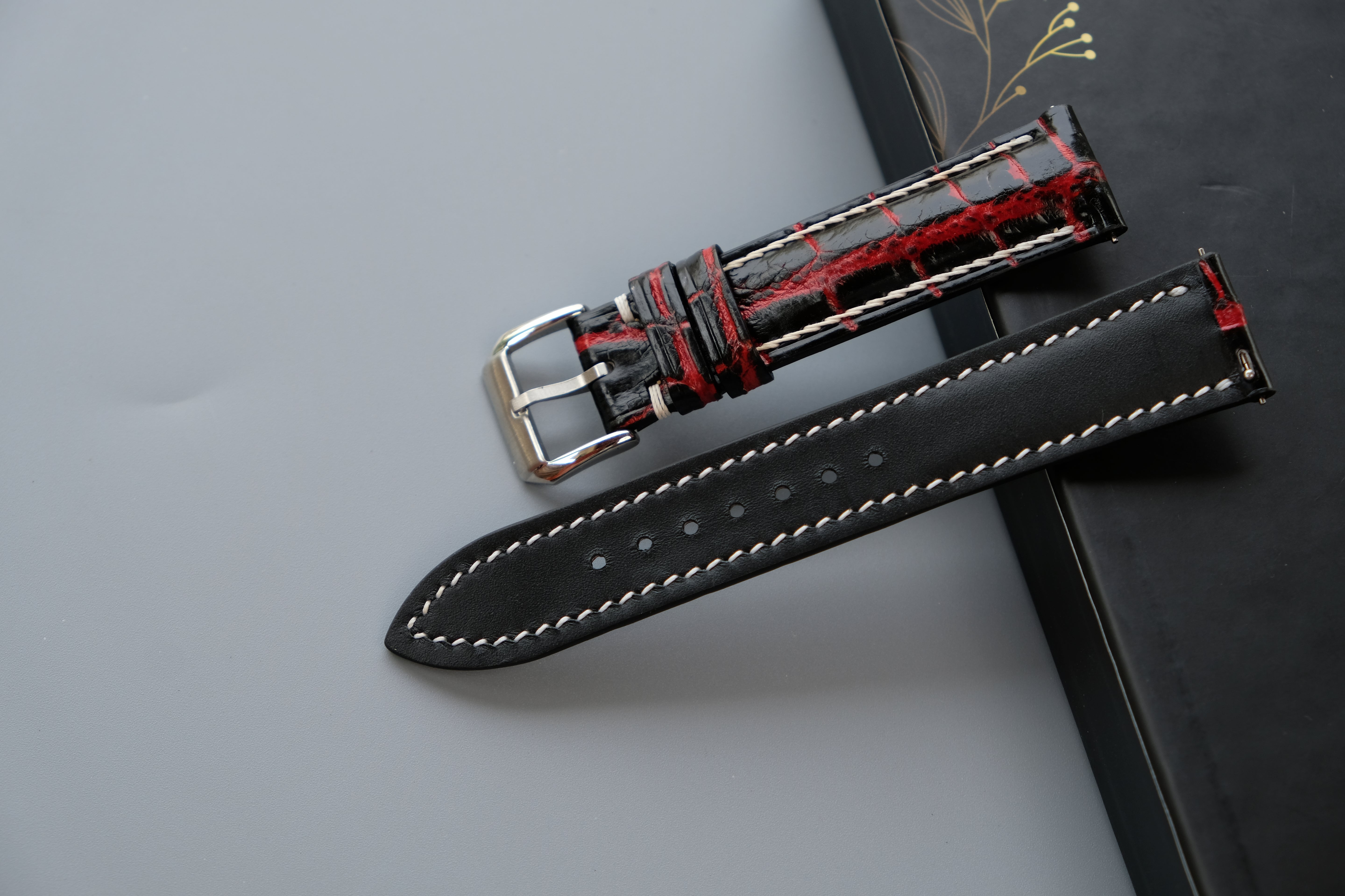 Hand-dyed Alligator Leather Watch Strap - Black And Red