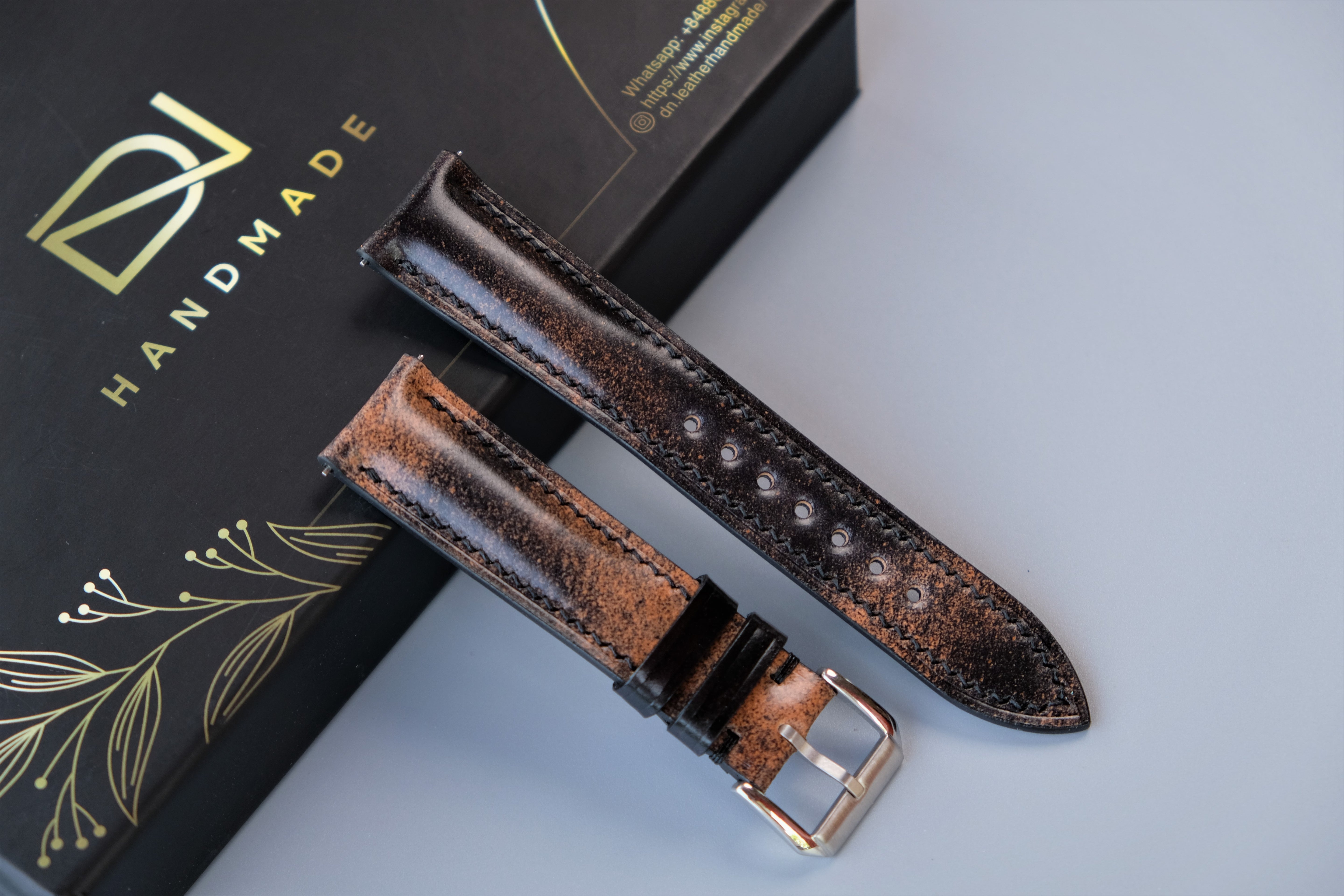 MARBLED BLACK Rocado Shell Cordovan Watch Strap – Custom Sizes 10mm to 26mm