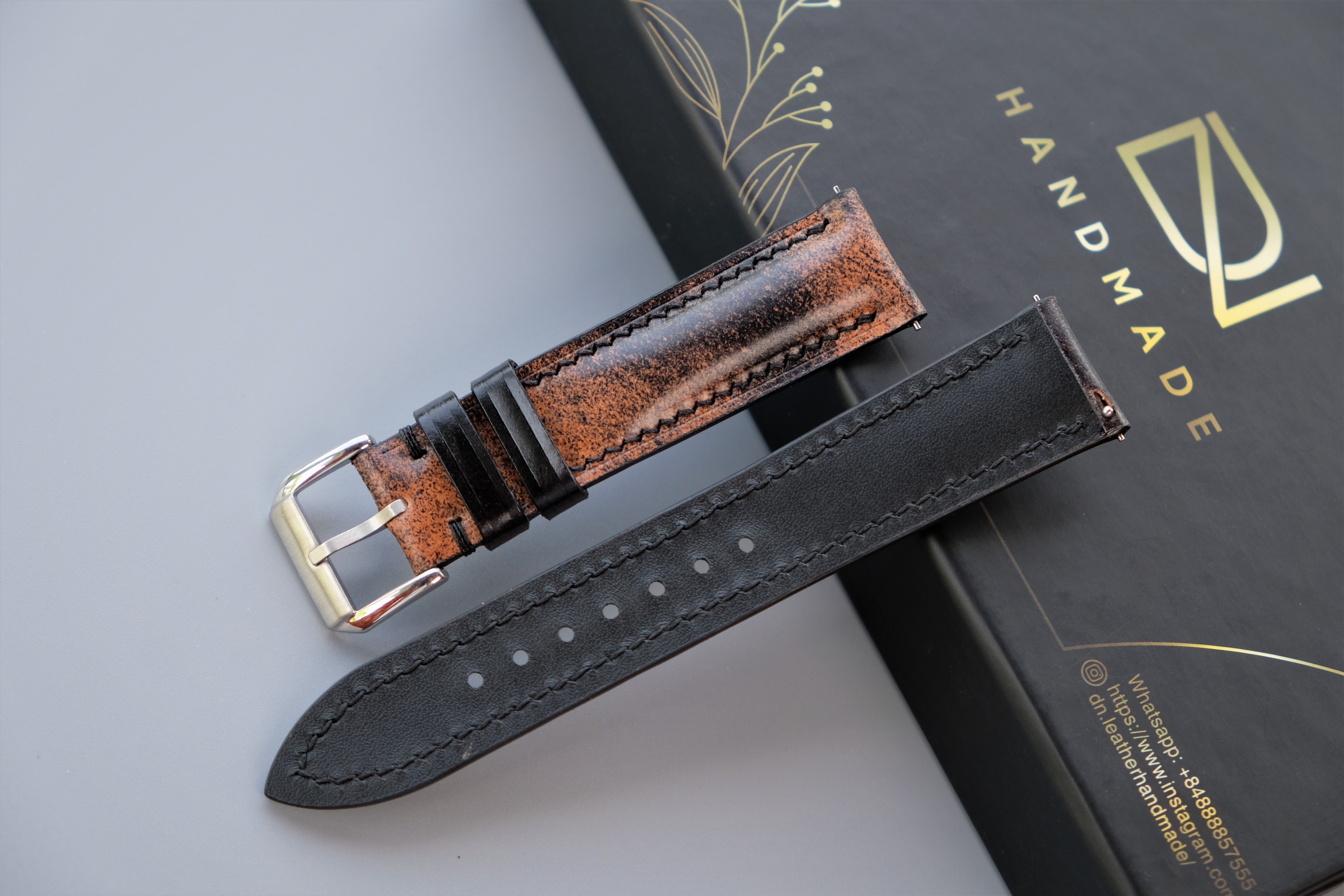 MARBLED BLACK Rocado Shell Cordovan Watch Strap – Custom Sizes 10mm to 26mm