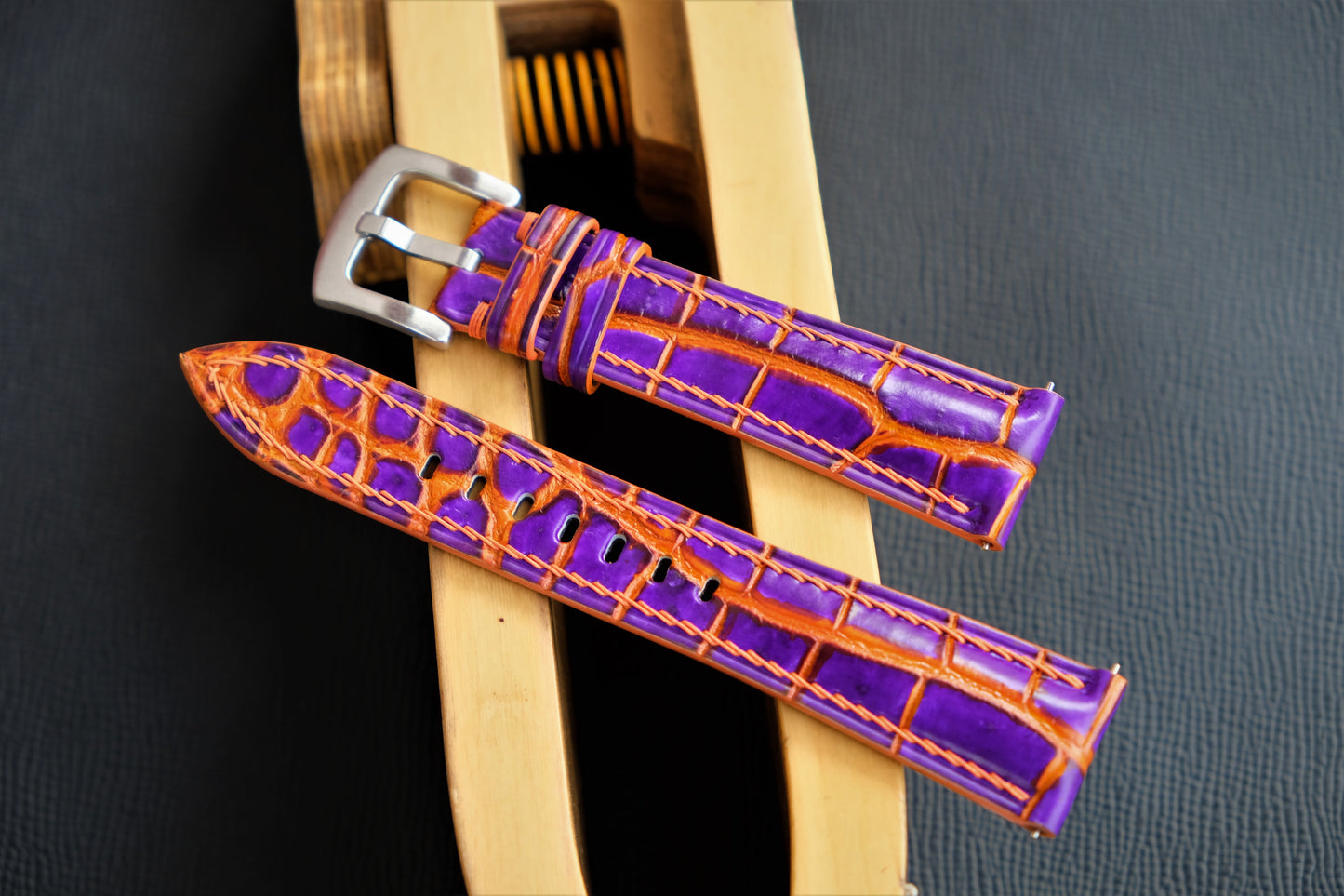 Hand-dyed Alligator Leather Watch Strap ( Purple And Orange )