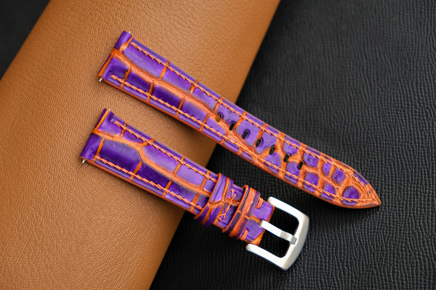 Hand-dyed Alligator Leather Watch Strap ( Purple And Orange )