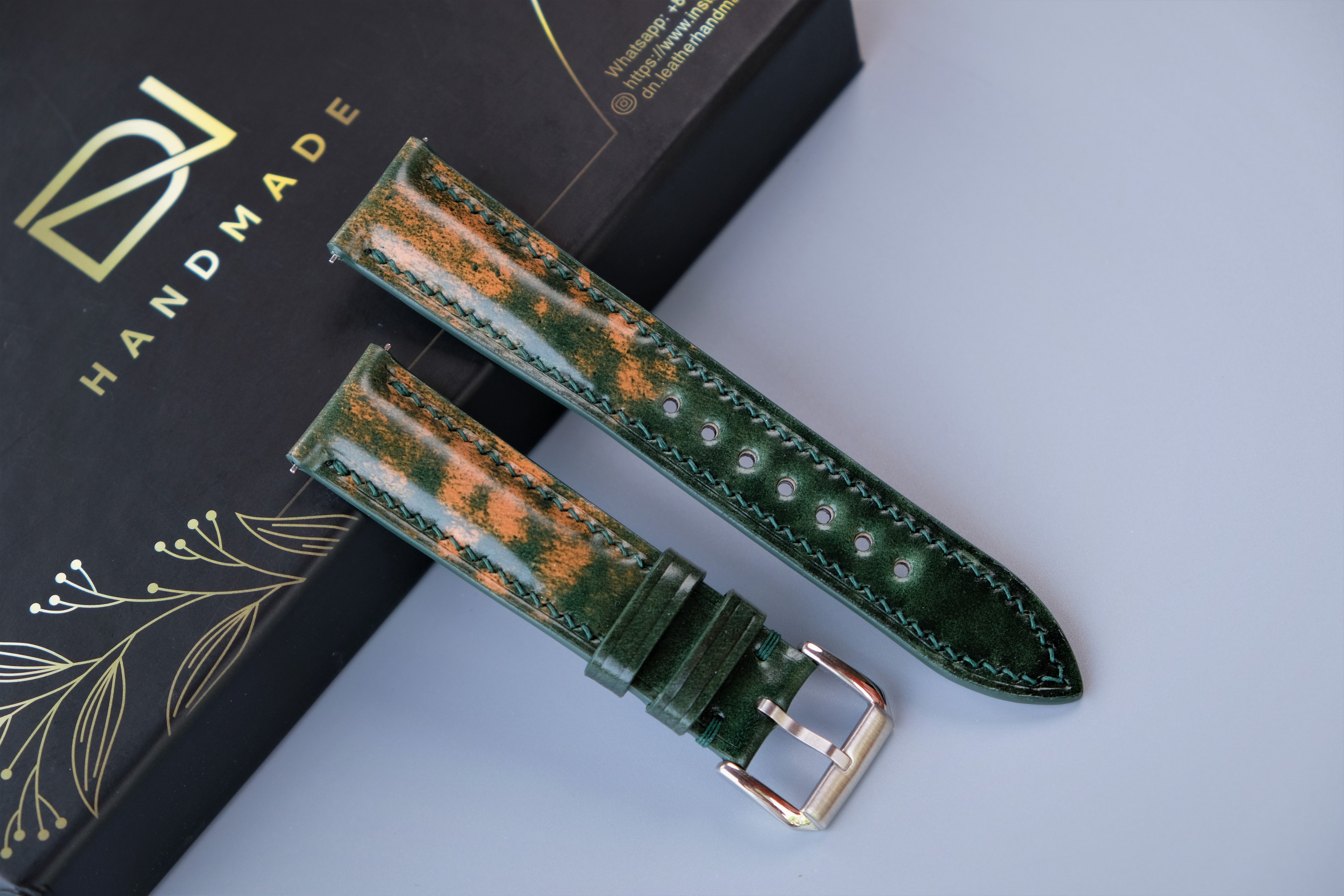 MARBLED GREEN Rocado Shell Cordovan Watch Strap – Custom Sizes 10mm to 26mm