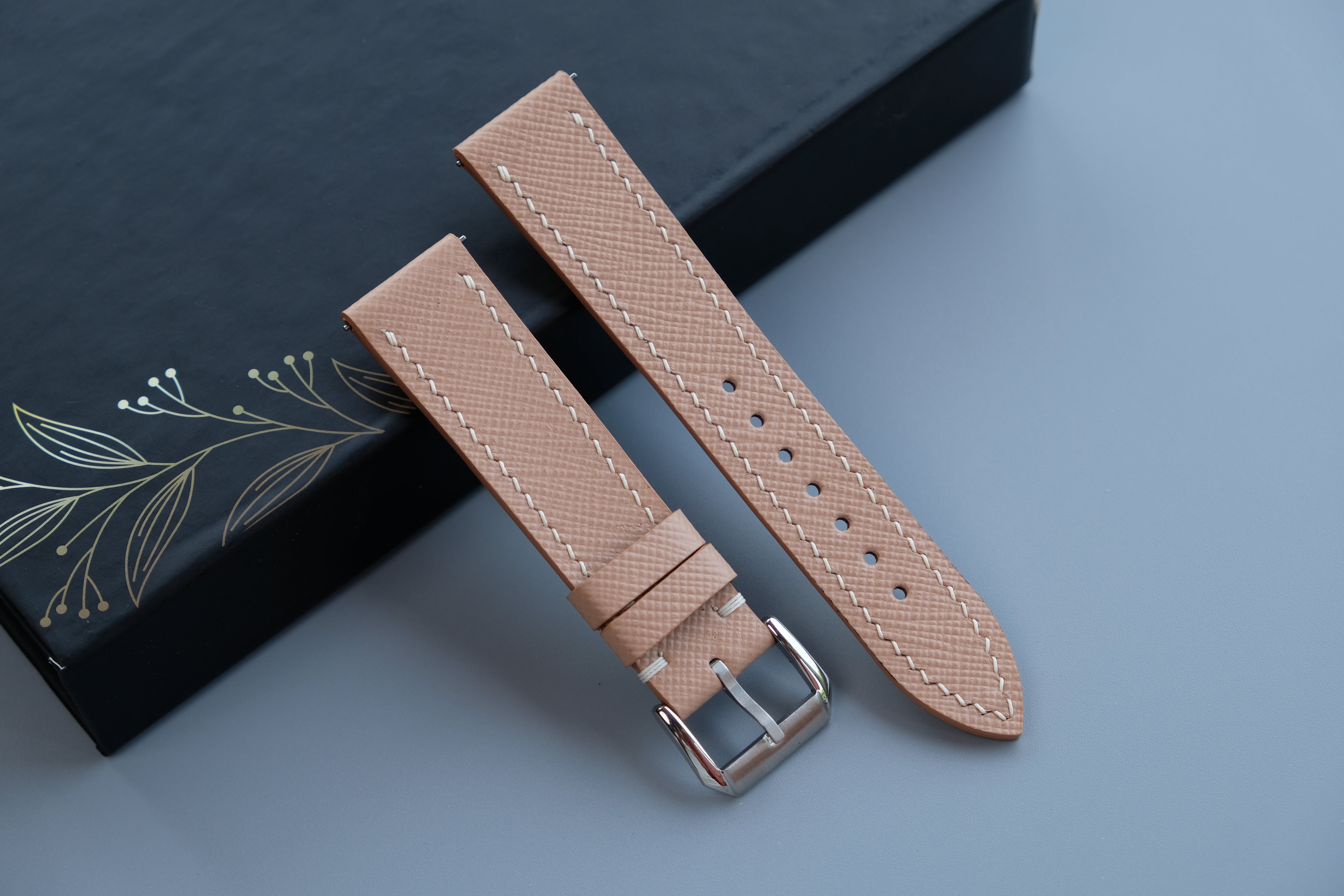 Light Blush Beige Leather Saffiano Watch Strap - Custom Sizes From 26mm to 10mm