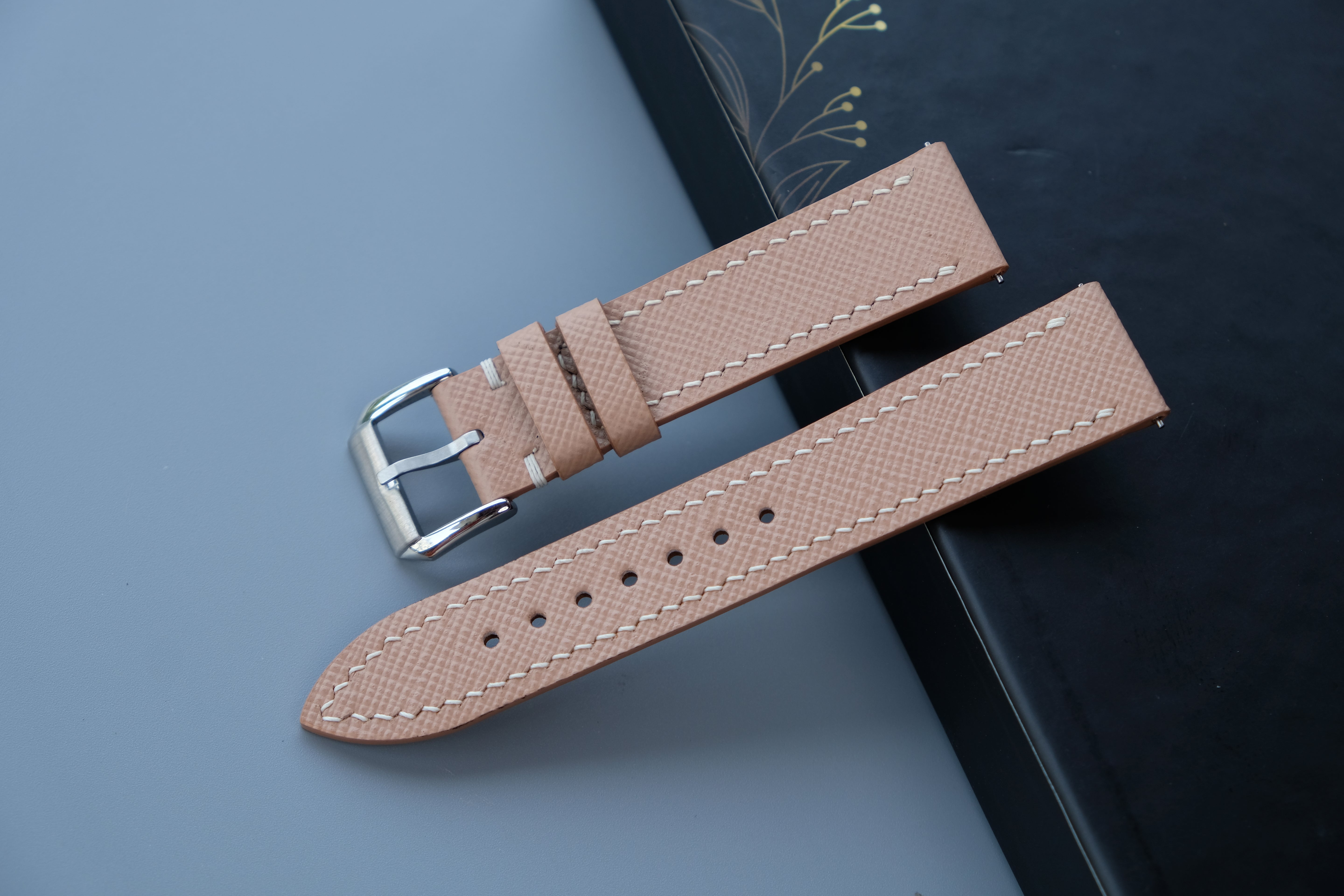 Light Blush Beige Leather Saffiano Watch Strap - Custom Sizes From 26mm to 10mm