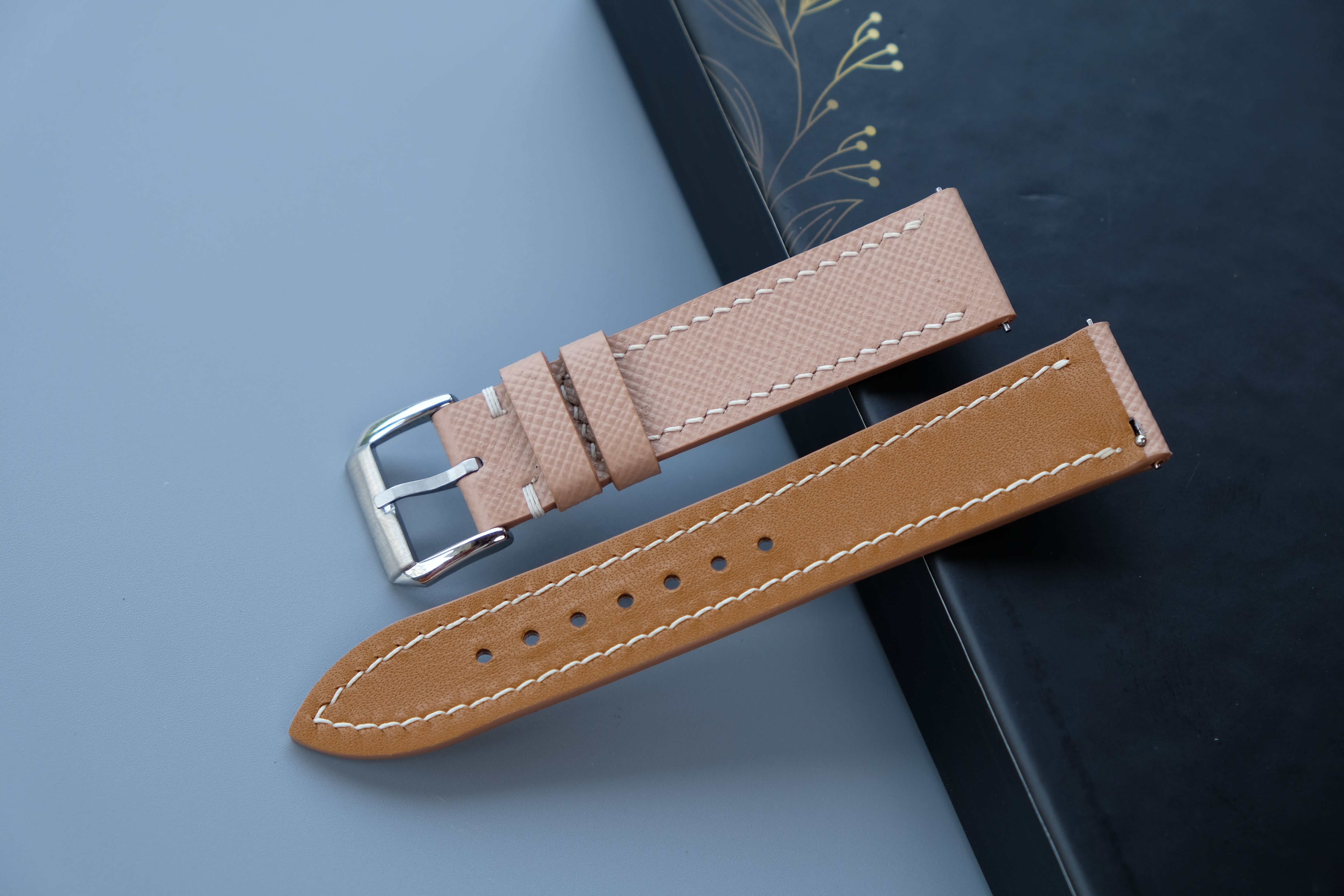 Light Blush Beige Leather Saffiano Watch Strap - Custom Sizes From 26mm to 10mm