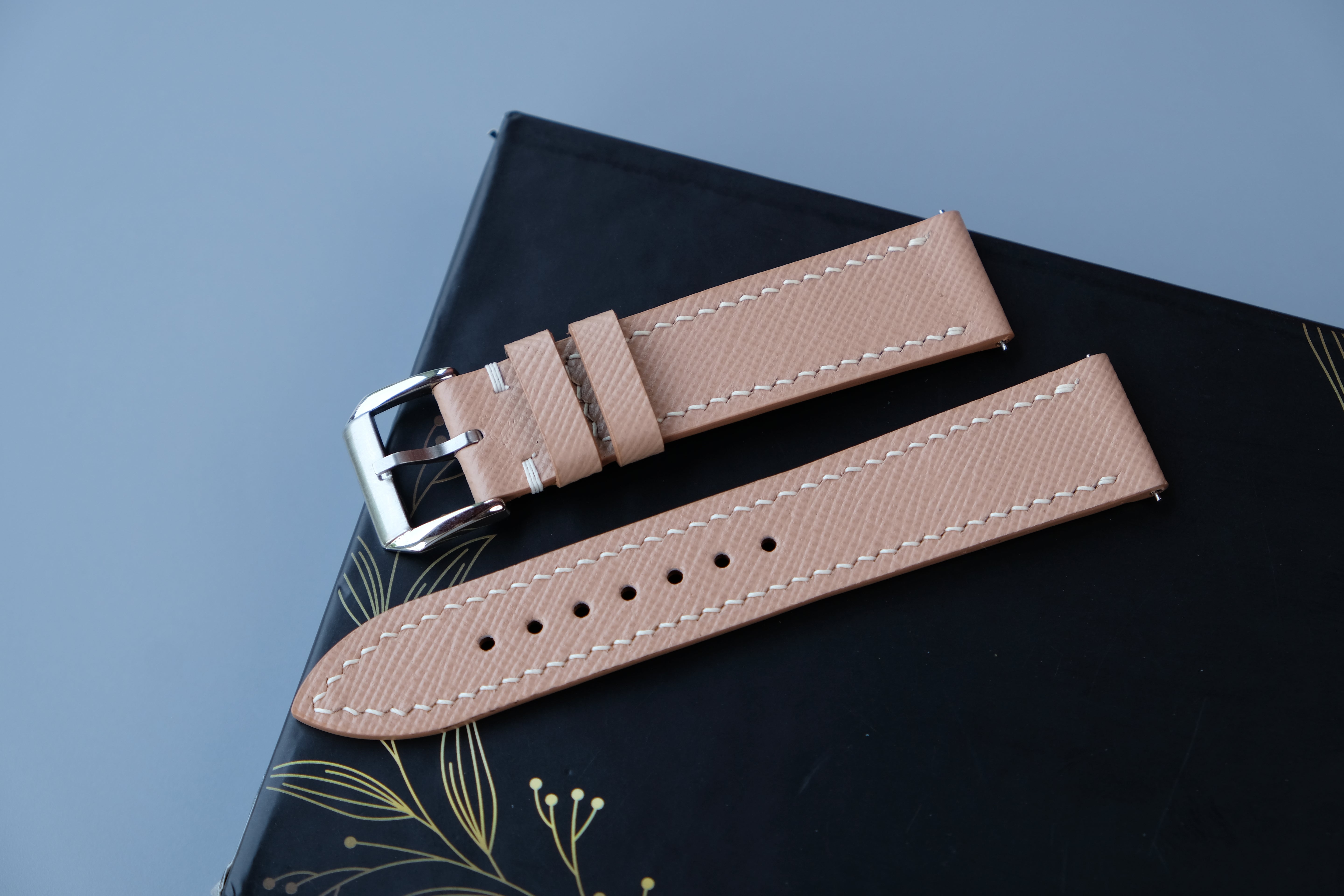 Light Blush Beige Leather Saffiano Watch Strap - Custom Sizes From 26mm to 10mm
