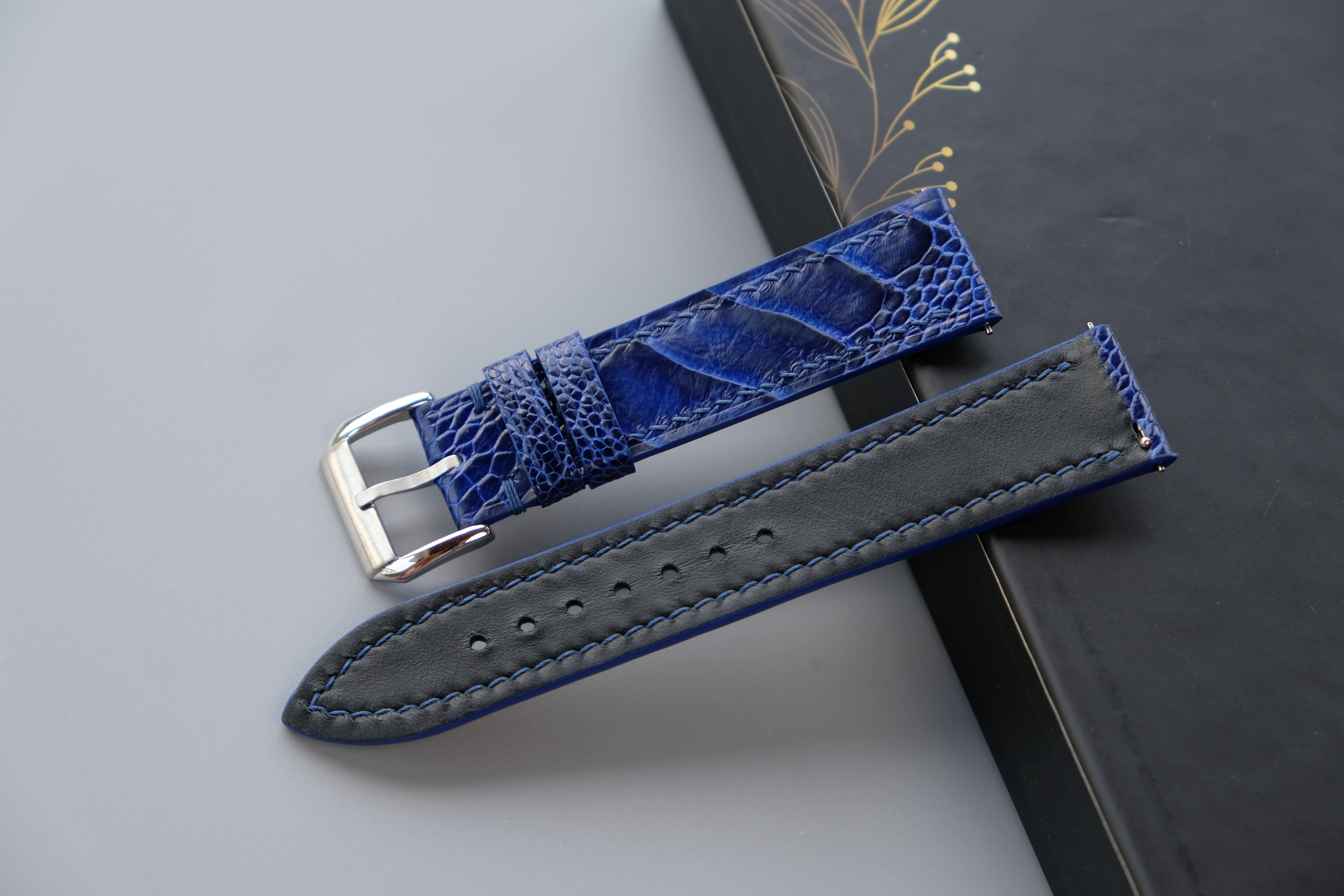 Blue Ostrich Leather Watch Strap – Custom Sizes 10mm to 26mm