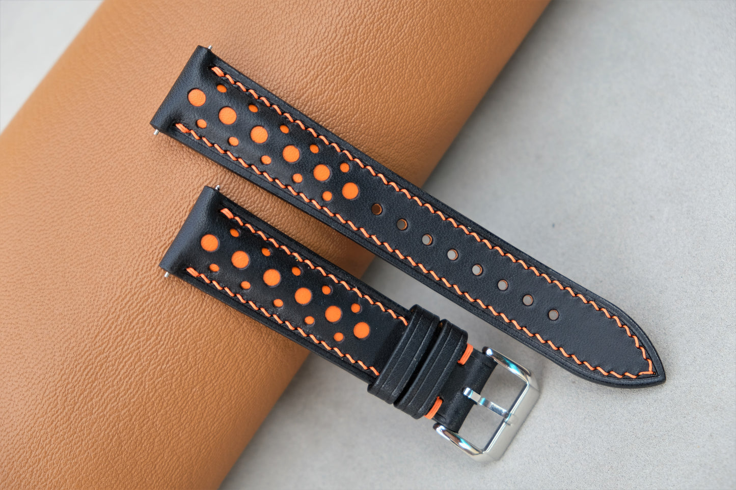 Buttero Leather Watch Strap ( Black & Orange )