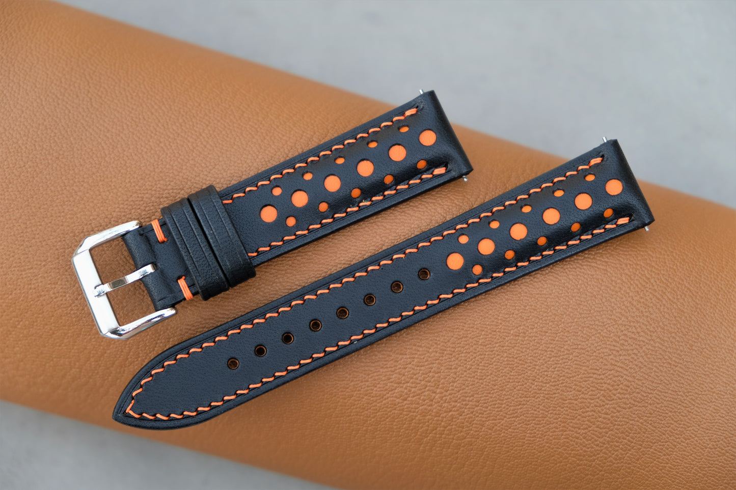 Buttero Leather Watch Strap ( Black & Orange )