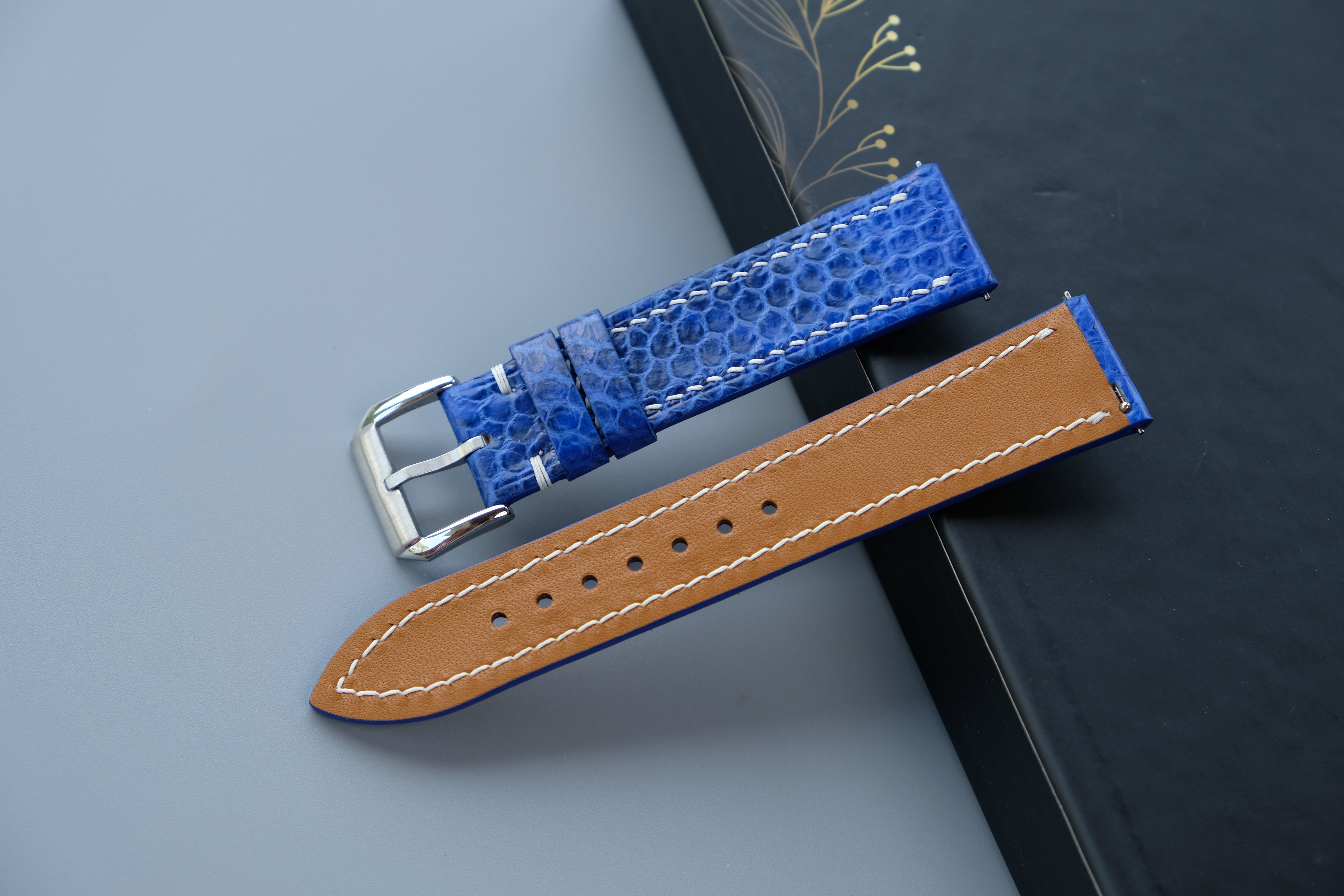 Blue Snakeskin Leather Watch Strap - Custom Sizes From 26mm to 12mm