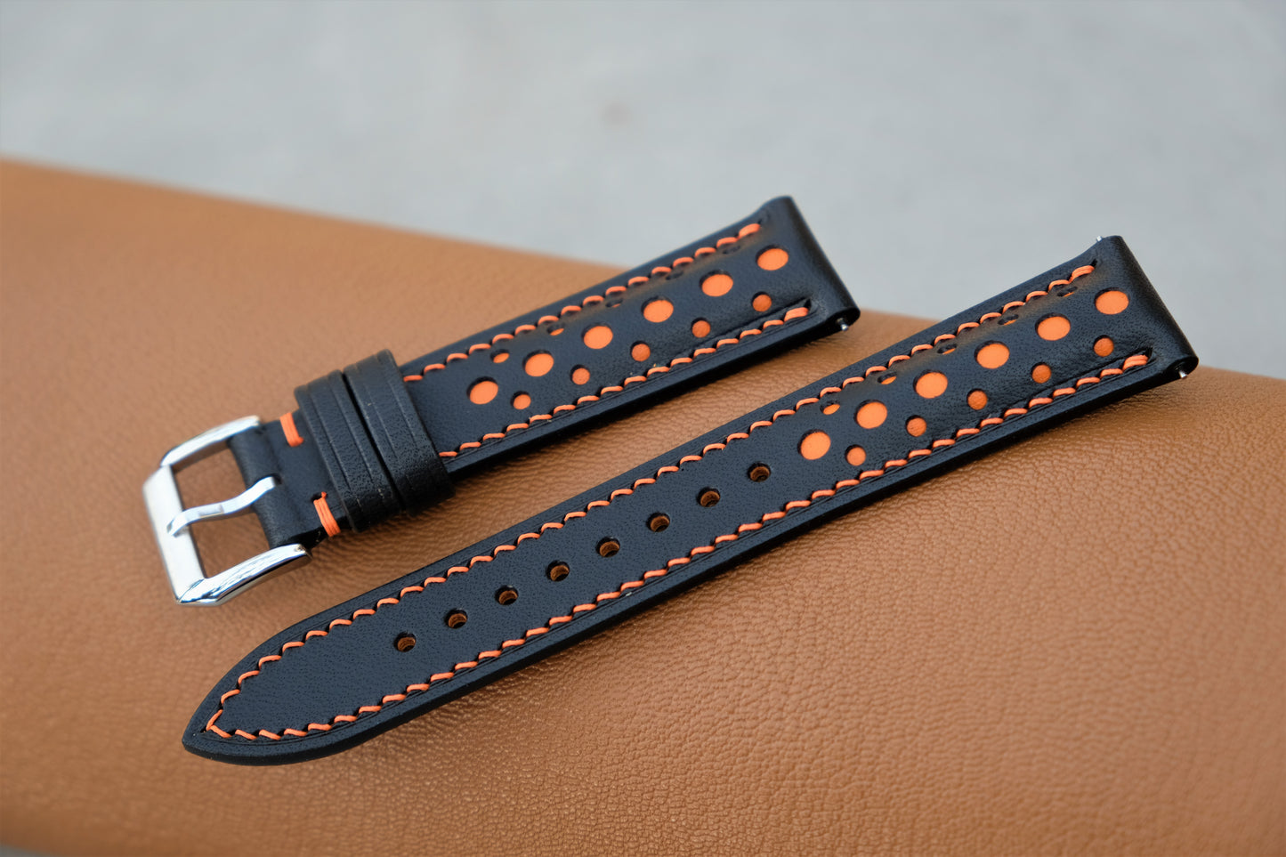 Buttero Leather Watch Strap ( Black & Orange )