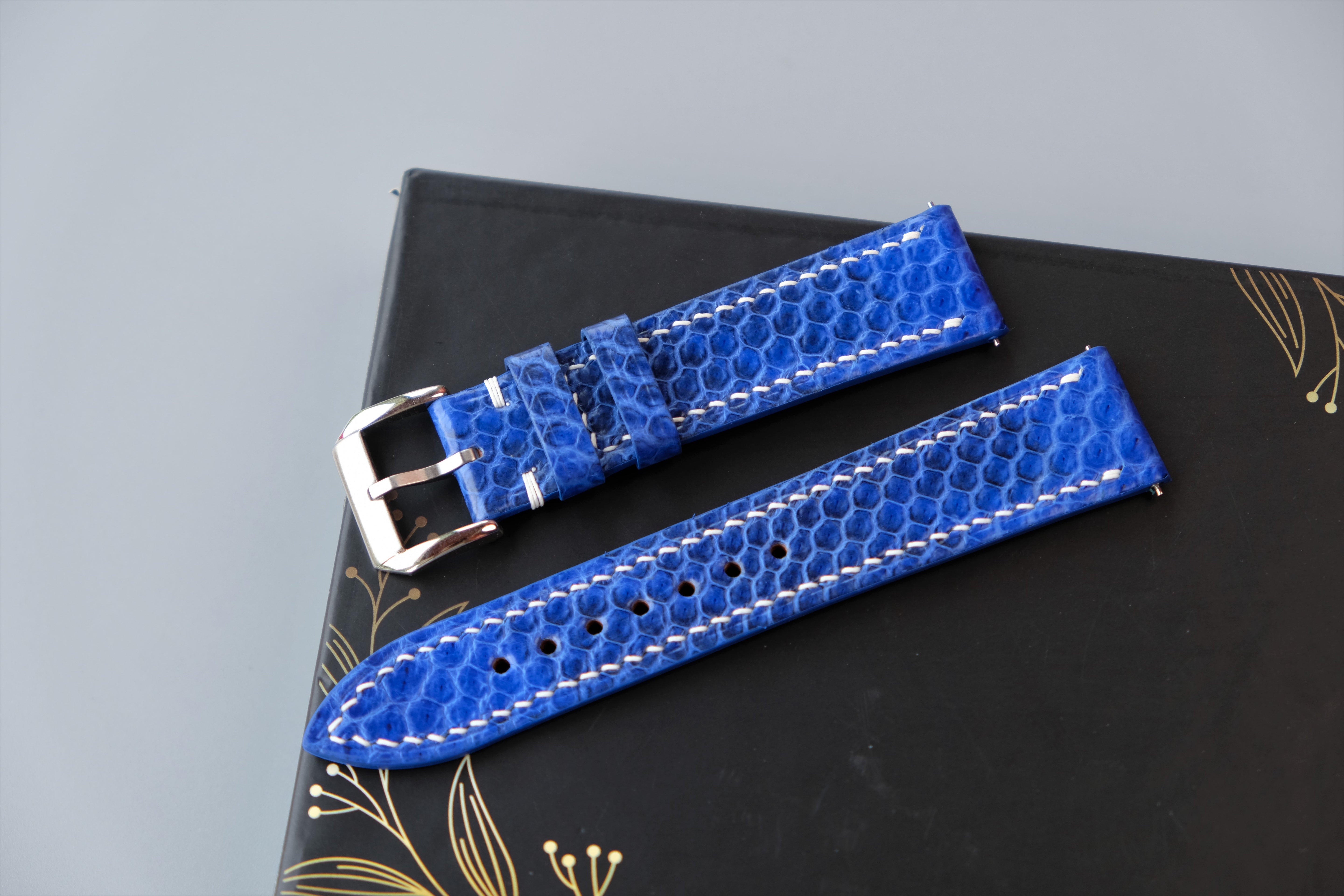 Blue Snakeskin Leather Watch Strap - Custom Sizes From 26mm to 12mm