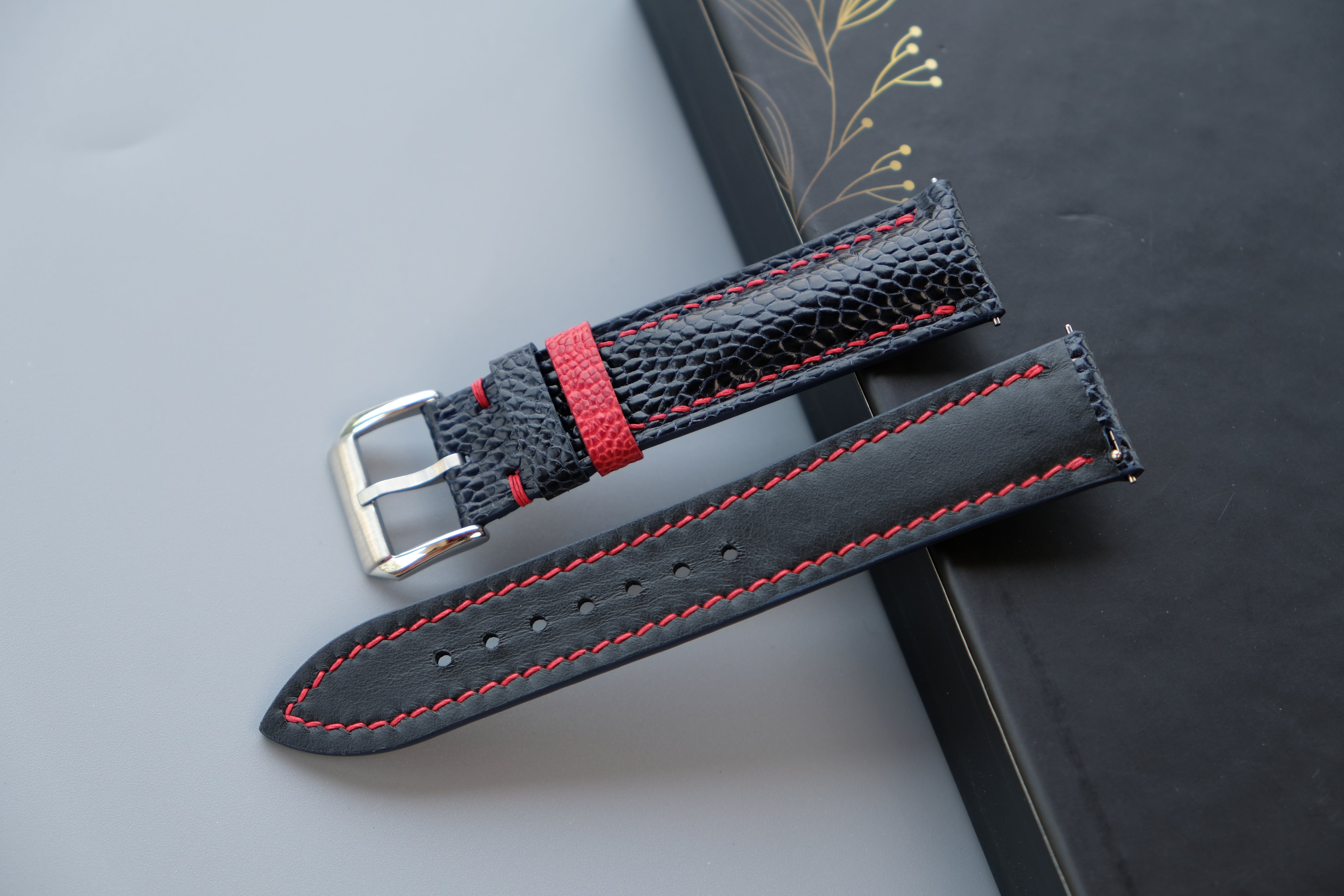 Dark Navy Ostrich Leather Watch Strap – Custom Sizes 10mm to 26mm