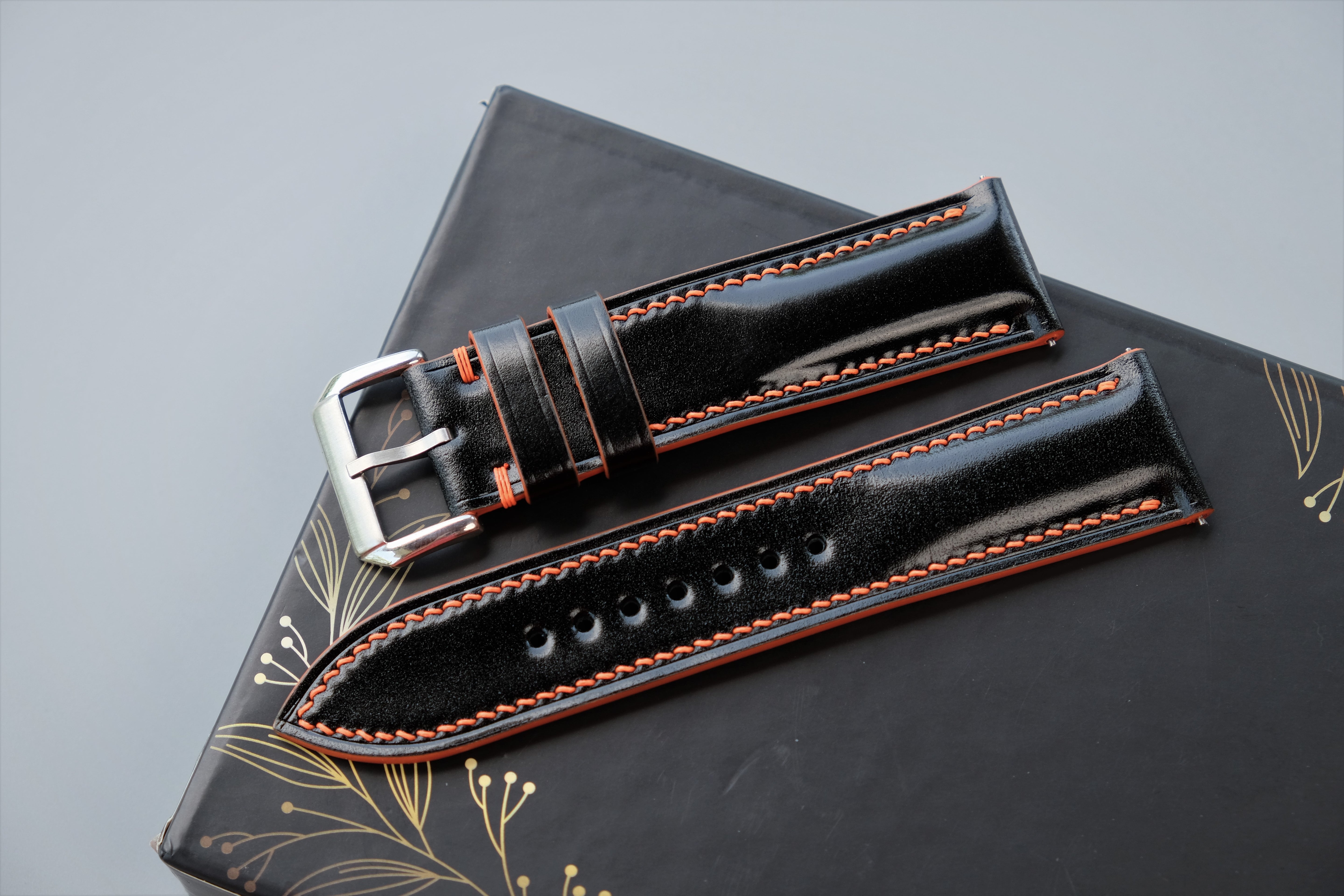 Black Shell Cordovan Watch Strap – Handmade Shinki Hikaku Leather Band – Custom Size 10mm to 26mm