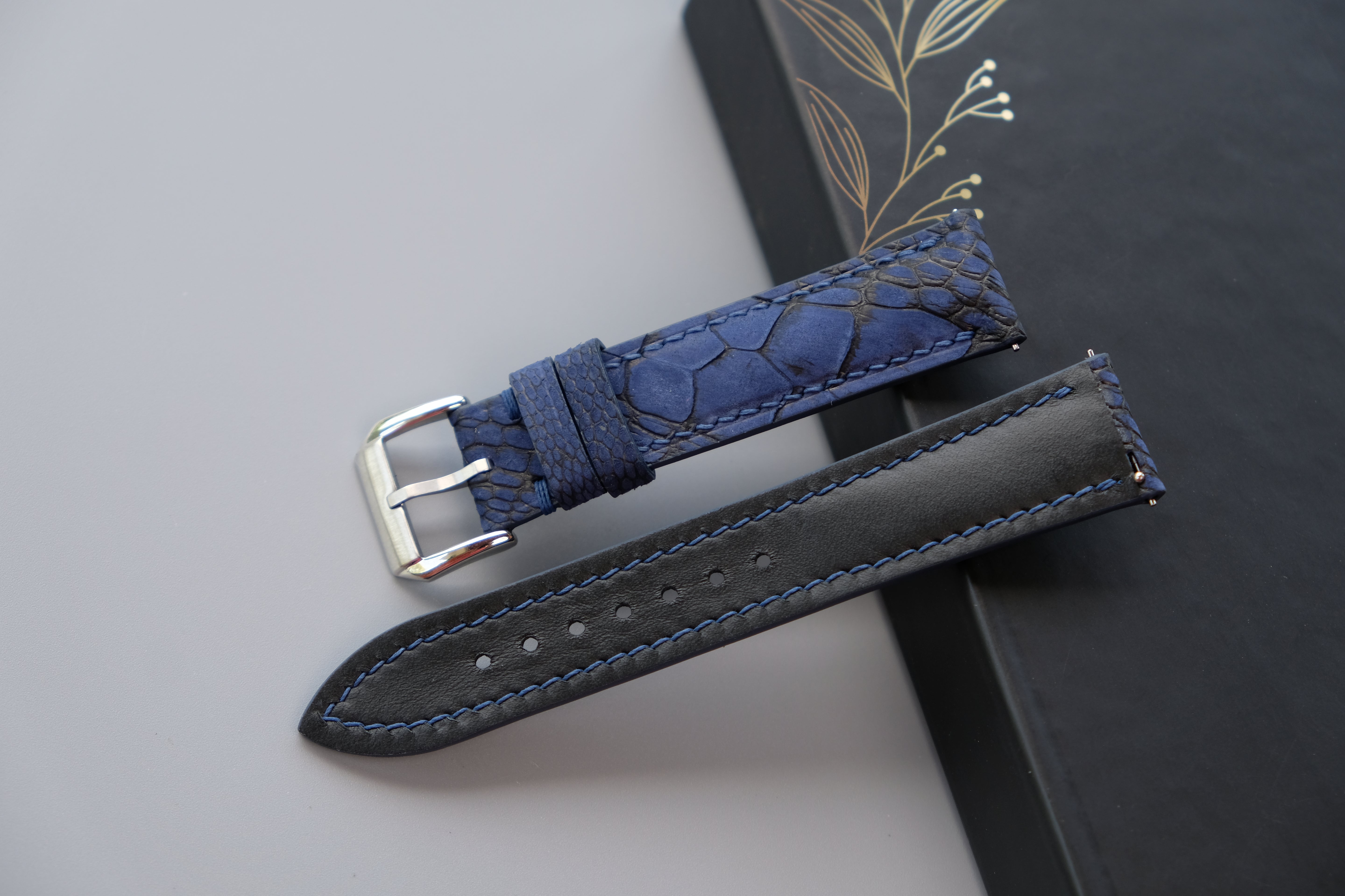 Navy Blue Ostrich Nubuck Leather Watch Strap - Custom Sizes From 26mm to 12mm