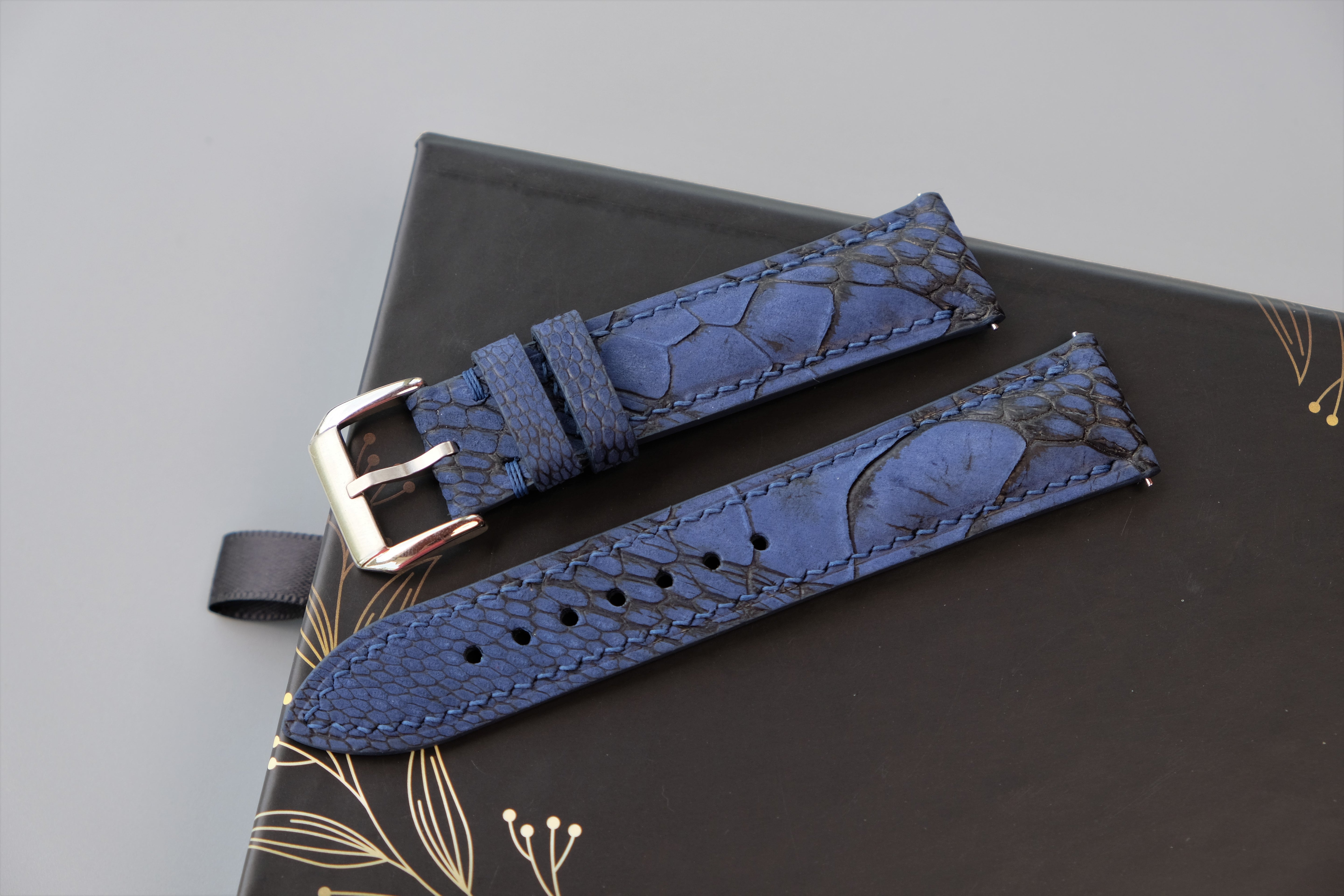 Navy Blue Ostrich Nubuck Leather Watch Strap - Custom Sizes From 26mm to 12mm