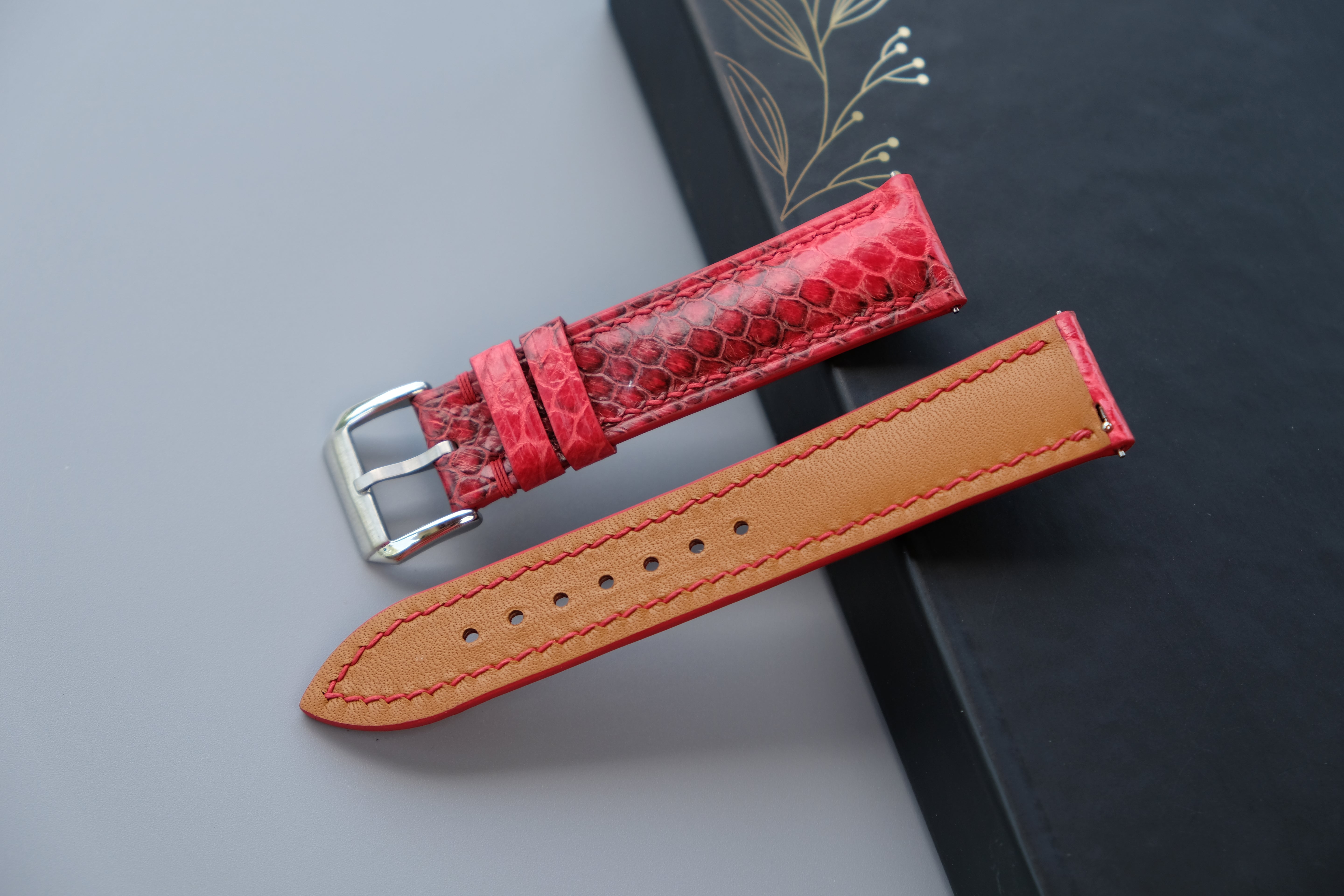Red Snakeskin Leather Watch Strap - Custom Sizes From 26mm to 12mm