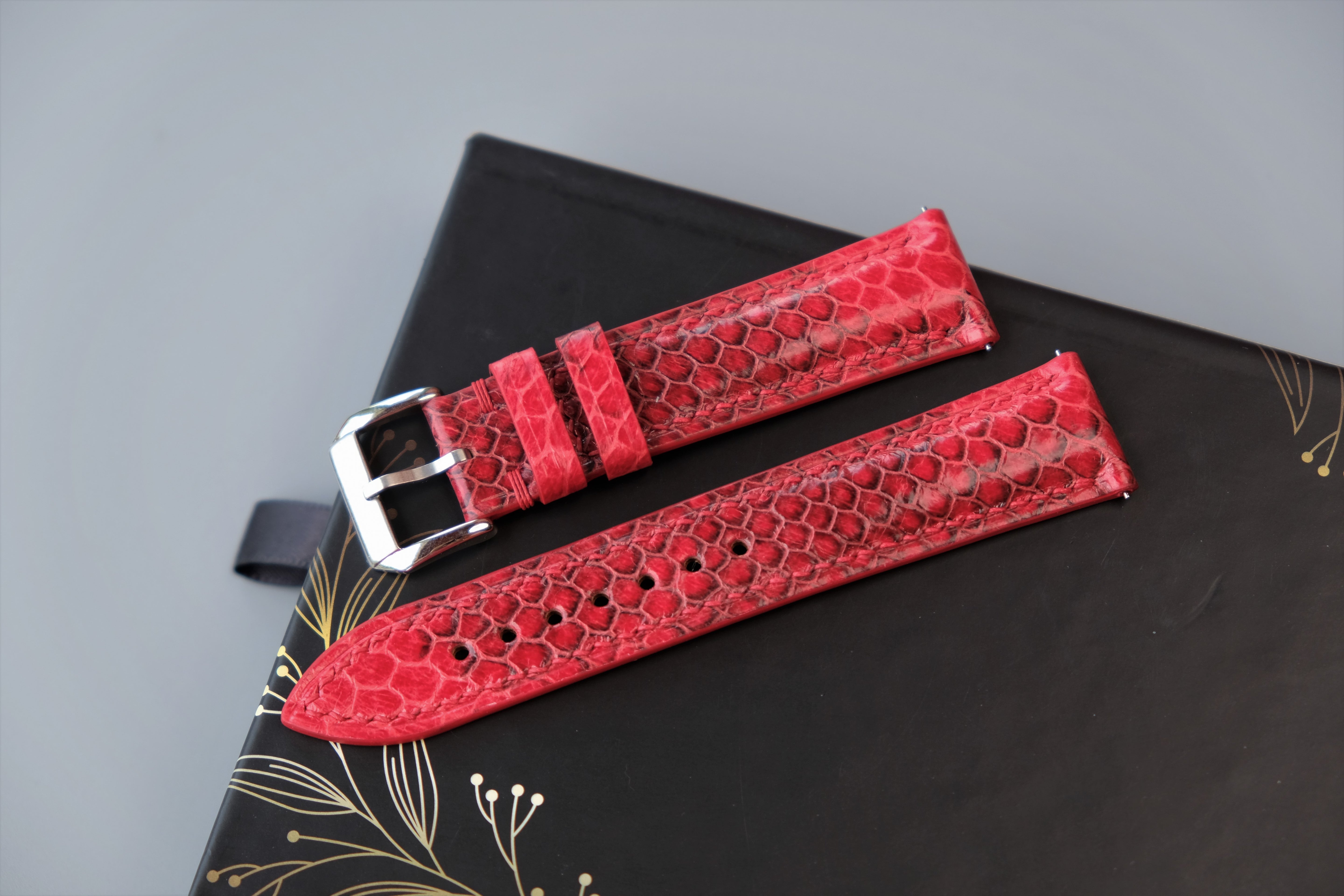 Red Snakeskin Leather Watch Strap - Custom Sizes From 26mm to 12mm
